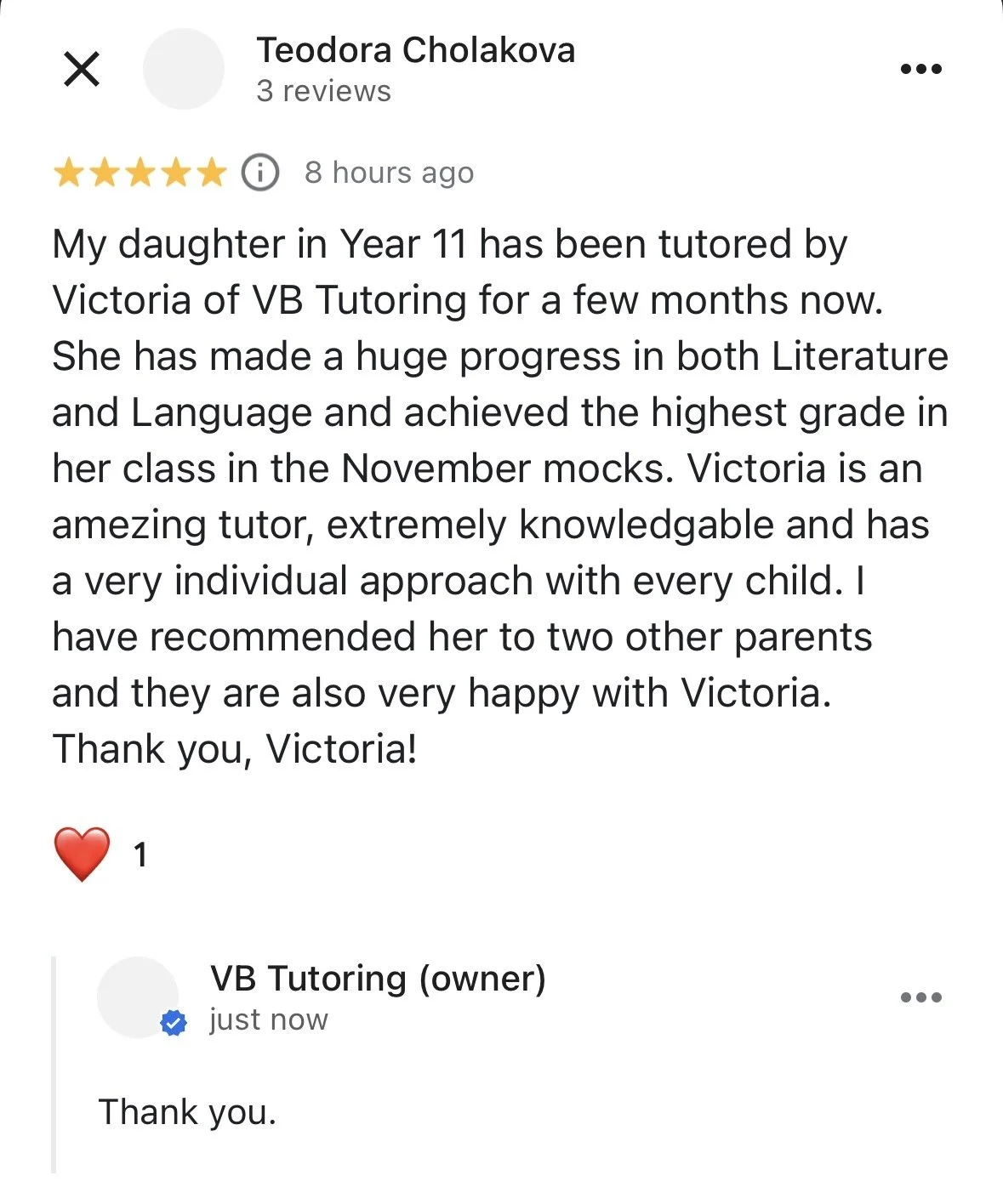 Screenshot of a positive customer review praising Victoria from VB Tutoring for her effective tutoring with a high school girl, mentioning her progress, dedication, and individual approach.