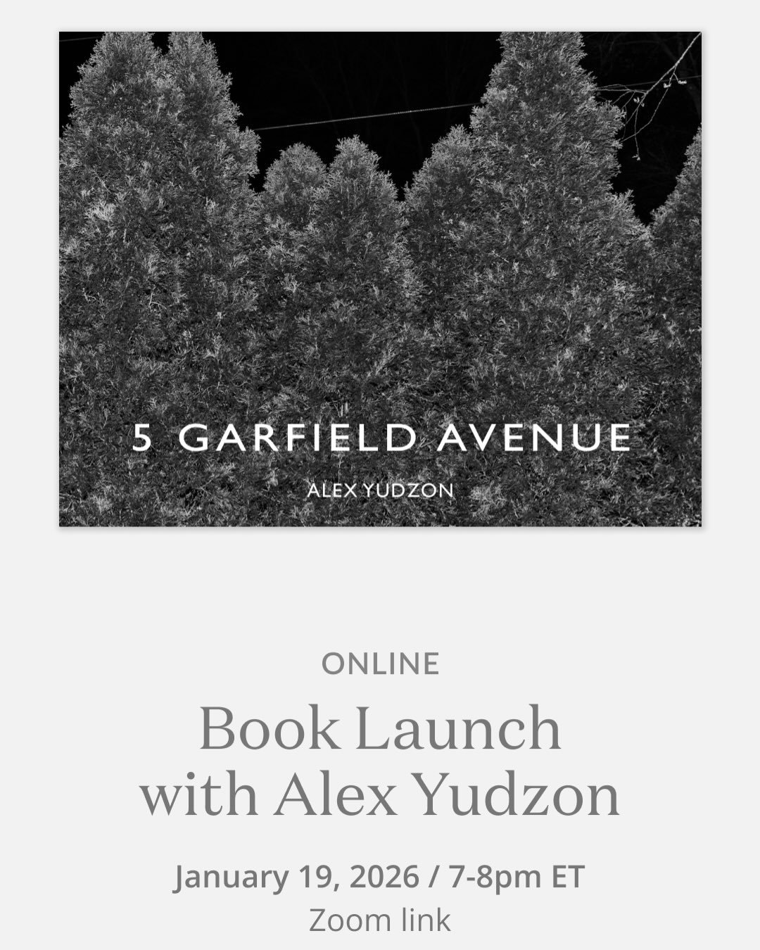Please join us for an online book launch with @alexyudzon 
&ldquo;5 Garfield Avenue&rdquo; combines an original short story with a collection of black and white images that draw on the visual language of 1970s and 1980s suspense films to evoke a psyc
