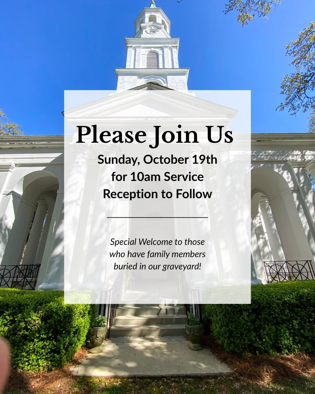 Join us Sunday, October 19th for worship and fellowship!

We're gathering for our 10am service with a reception to follow. A special welcome to those who have family members buried in our graveyard - we'd love to have you join us for this meaningful 