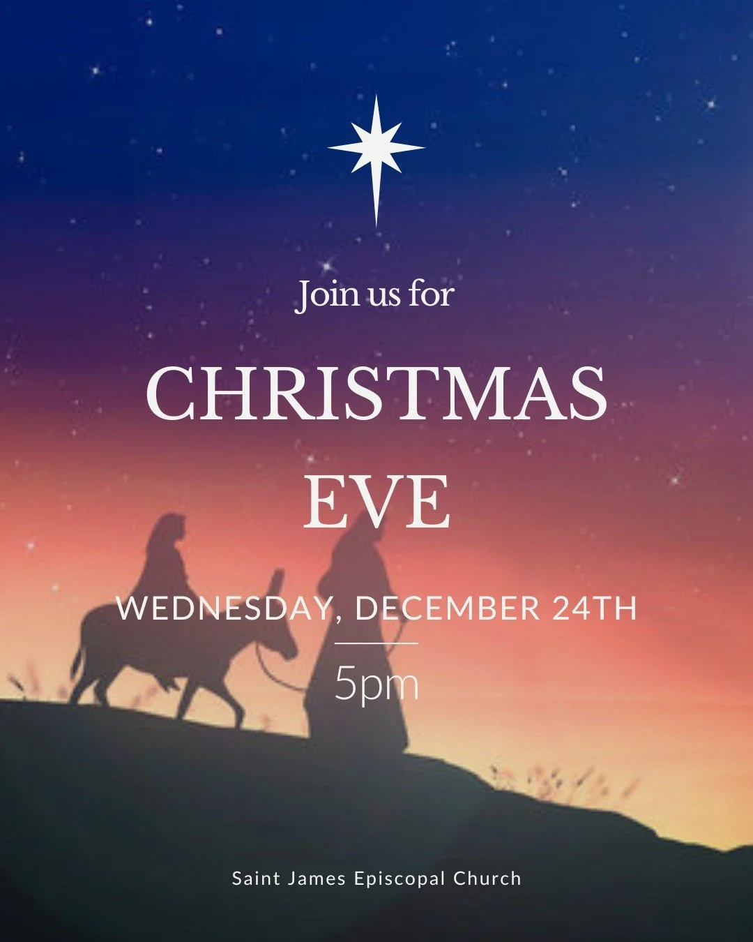 Join us for Christmas Eve Service on Wednesday, December 24th

Festal Eucharist at 5:00 pm

The traditional Christmas Eve service will include the singing of Silent Night to candlelight.

#christmaseve #christmaseveservice #saintjamesepiscopal #james