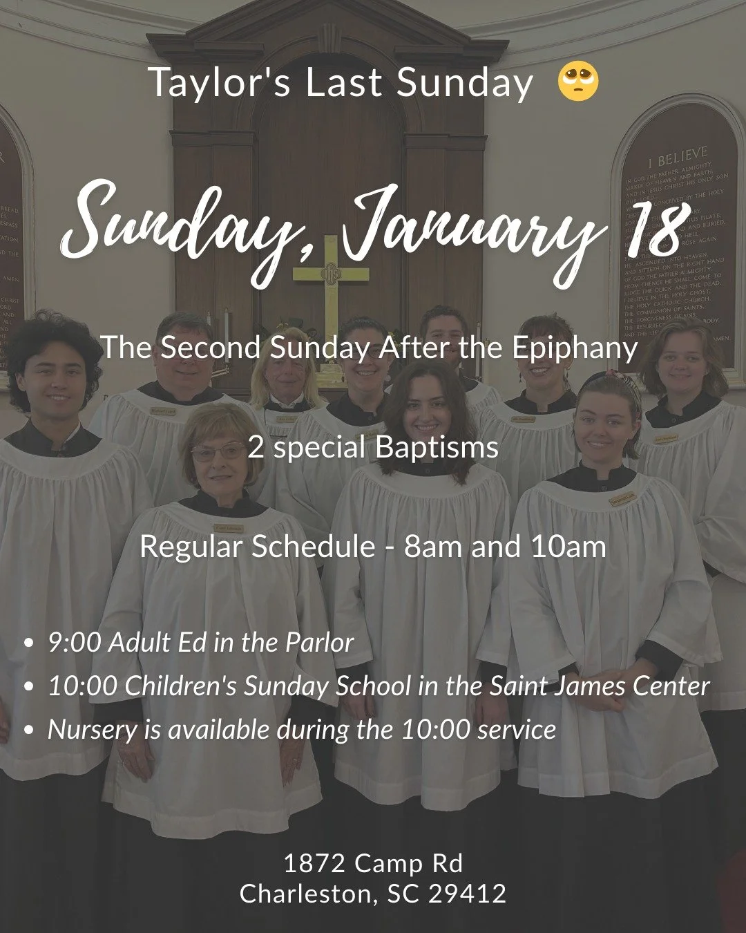 💙 A Special Sunday - January 18th 💙

This Sunday is bittersweet for our Saint James family. We're celebrating the Second Sunday after the Epiphany and welcoming new members through baptism - what a joy! But we're also saying goodbye to Father Taylo