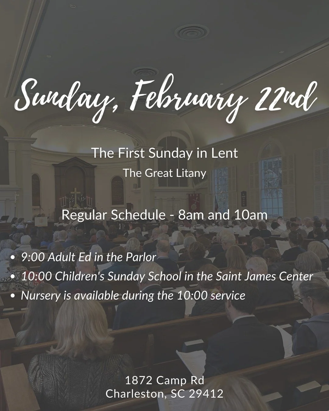 ✝️ Sundays at Saint James ✝️

We gather every Sunday for worship, learning, and fellowship:

8am &amp; 10am - Worship services 
9am - Adult Ed in the Parlor 
10am - Children's Sunday School (Saint James Center) 
Nursery - Available during 10am servic