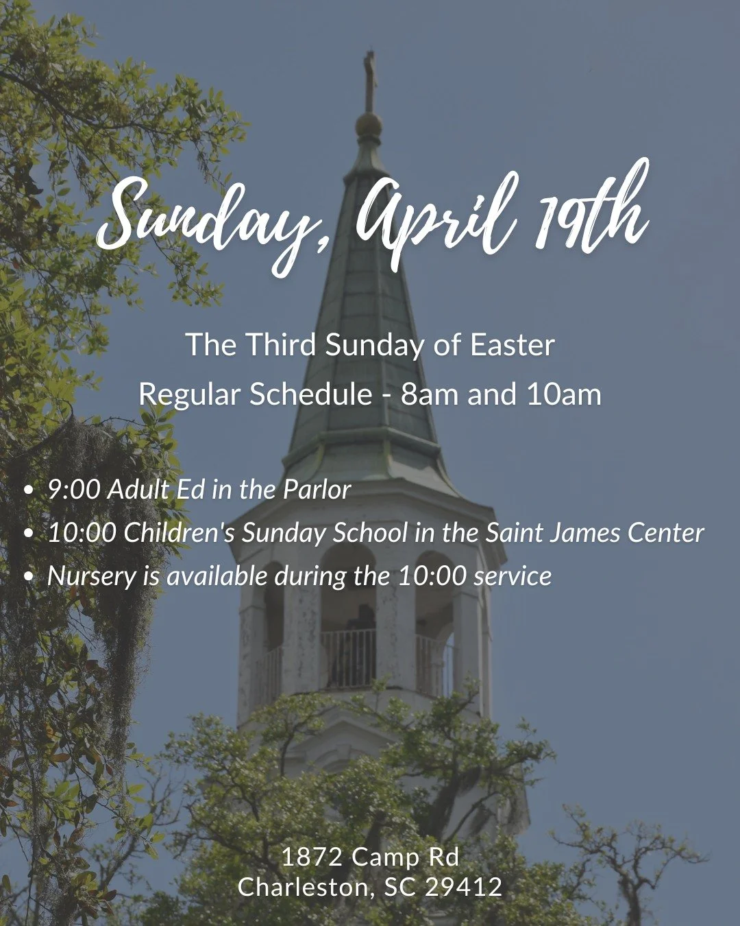 Join Us This Sunday - April 19th for the Third Sunday of Easter!

⛪ Worship Services: 8am &amp; 10am 
📖 Adult Ed: 9am in the Parlor 
🎨 Sunday School: 10am in the Saint James Center 
👶 Nursery available during 10am service

See you Sunday!

📍 1872