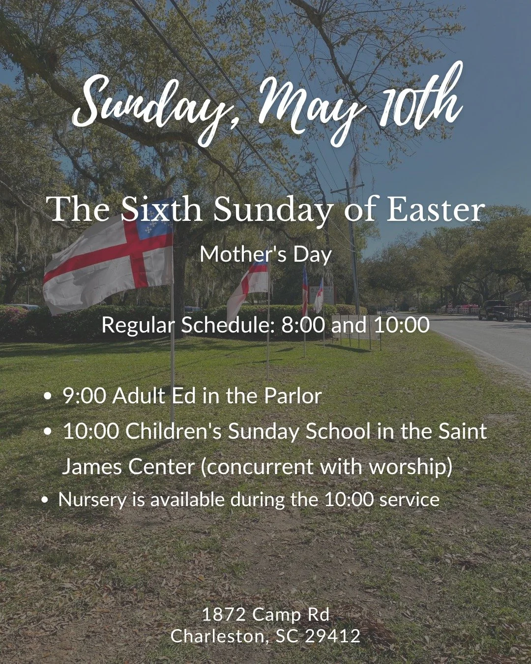 💐 Join us this Sunday - Mother's Day! 💐

Celebrate the Sixth Sunday of Easter with us!

⛪ Worship Services: 8am &amp; 10am 
📖 Adult Ed: 9am in the Parlor 
🎨 Sunday School: 10am in the Saint James Center 
👶 Nursery available during 10am service

