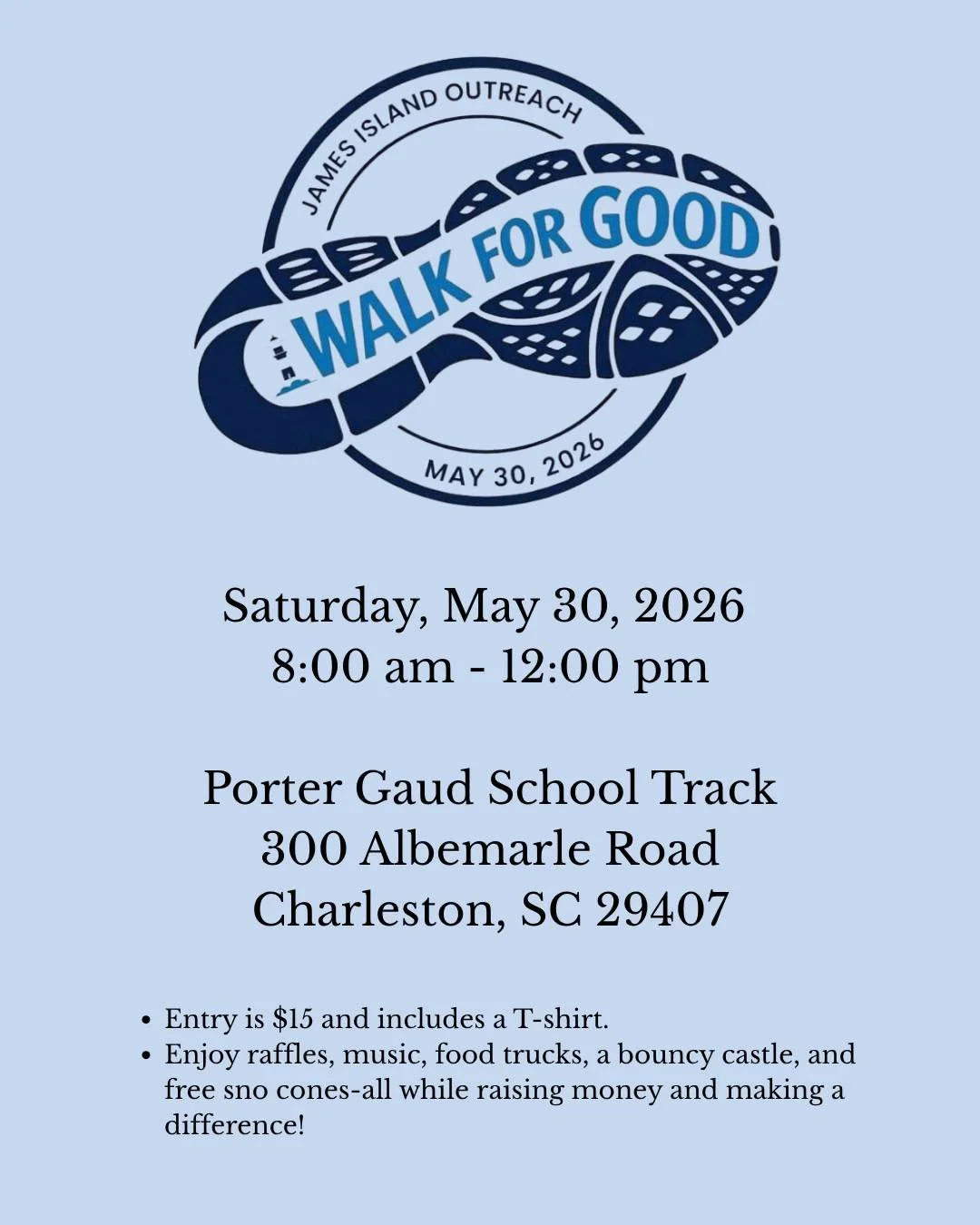 Put on your walkin' shoes! 👟
Join us Saturday, May 30th for the James Island Outreach Walk for Good! It's a fun morning walk to support our neighbors in need.

Here's the details!

📍 Porter Gaud School Track, 300 Albemarle Road 
⏰ 8am - 12pm 💵 $15