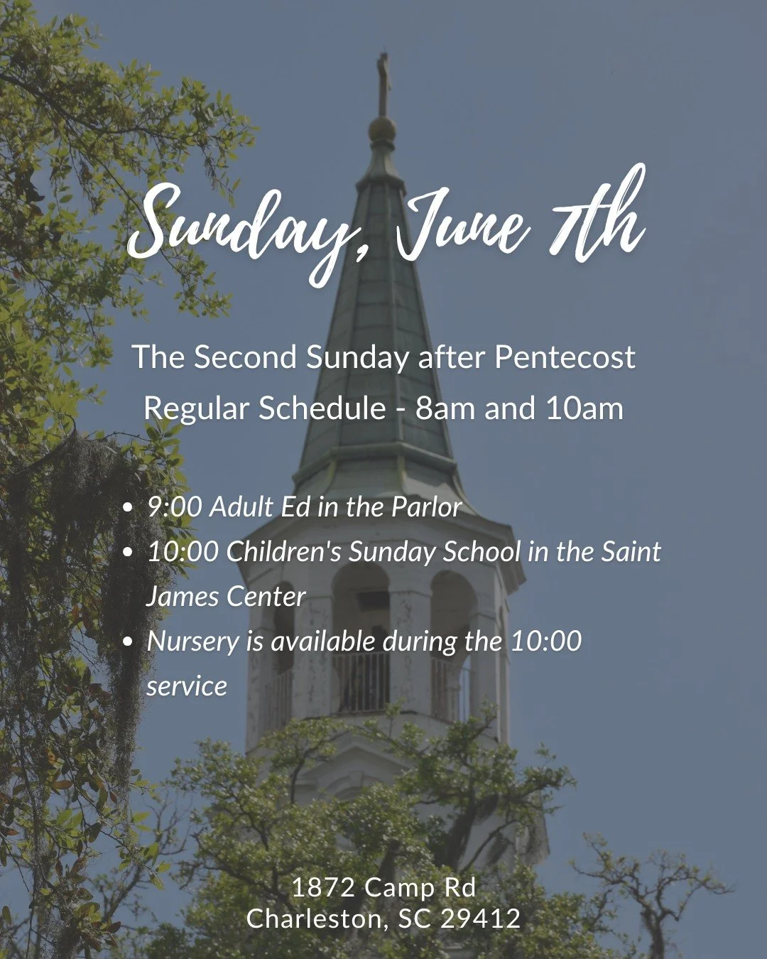 This Sunday - June 7th

Join us for the Second Sunday after Pentecost!

⛪ Worship Services: 8am &amp; 10am 
📖 Adult Ed: 9am in the Parlor 
🎨 Sunday School: 10am in the Saint James Center 
👶 Nursery available during 10am service

All are welcome!

