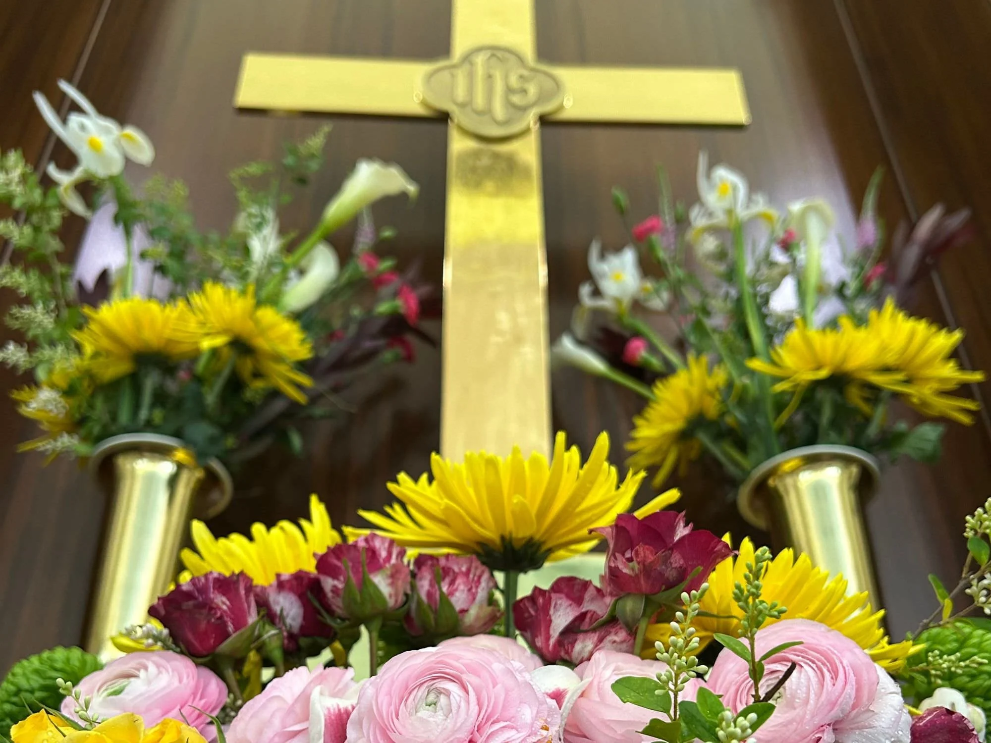 flowers on church altar with cross - Church Altar Flowers