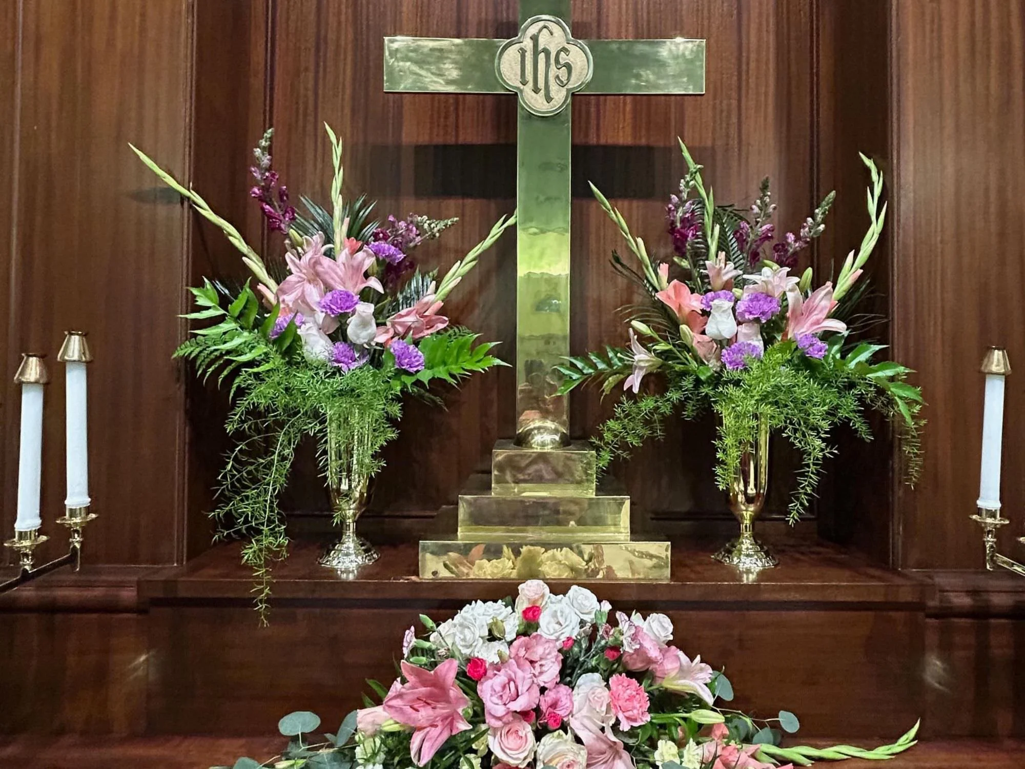 Church Altar Flowers with Gold Cross