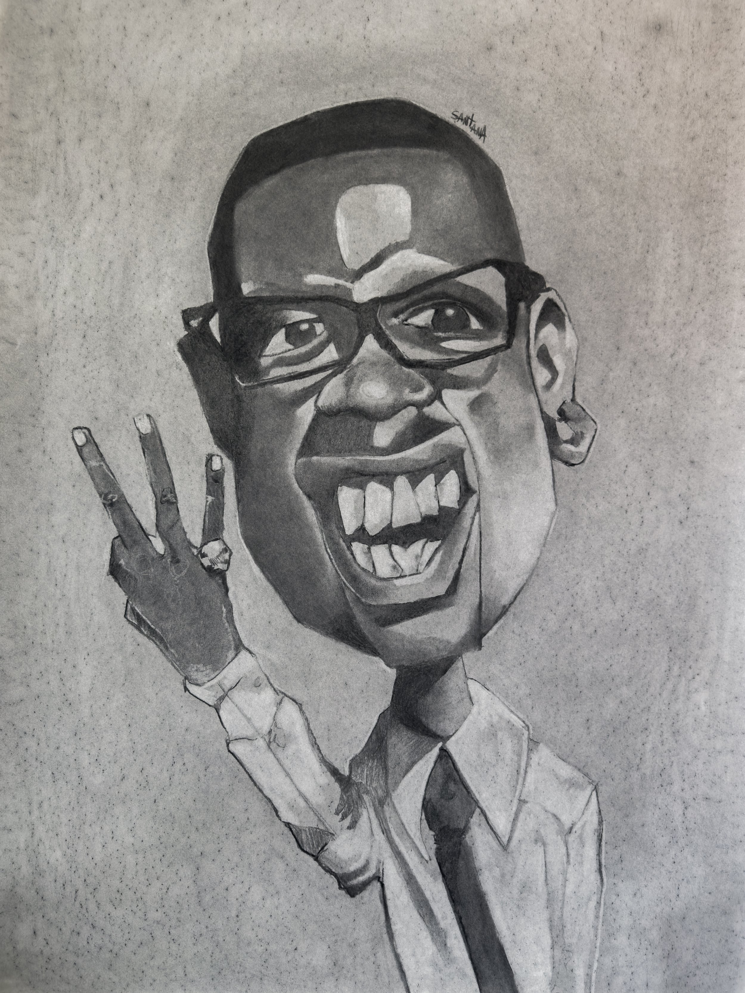 Black and white sketch of a person smiling, wearing glasses, with short hair and a suit, making a peace sign with their right hand.