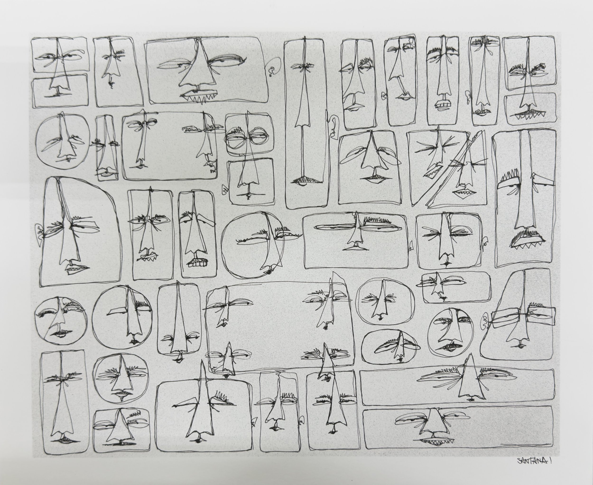 A sketch of multiple abstract faces and heads, with various expressions and features, arranged in a grid pattern.