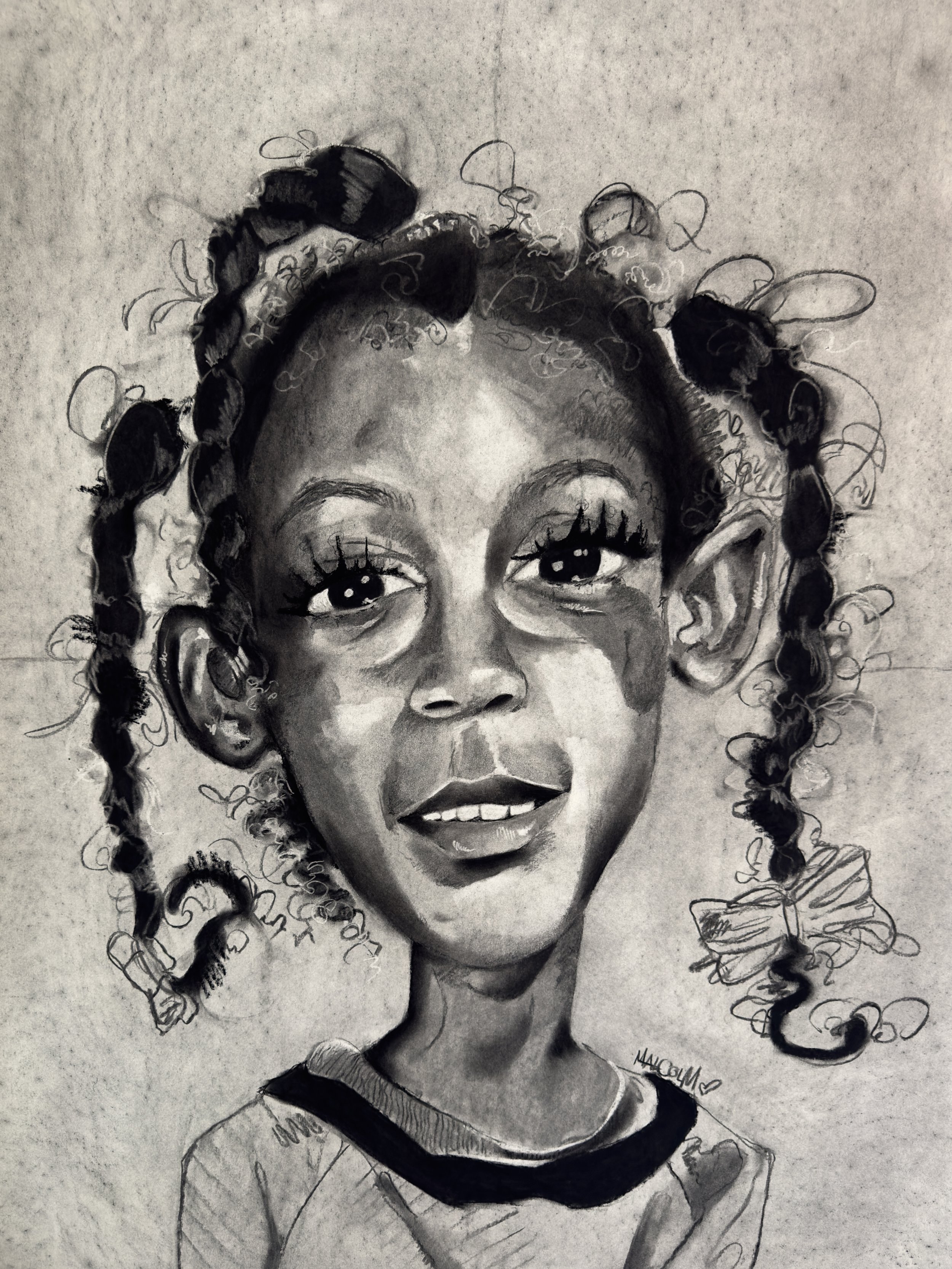 A black and white sketch of a young girl with curly hair styled in braids with bows, smiling and looking directly at the viewer.