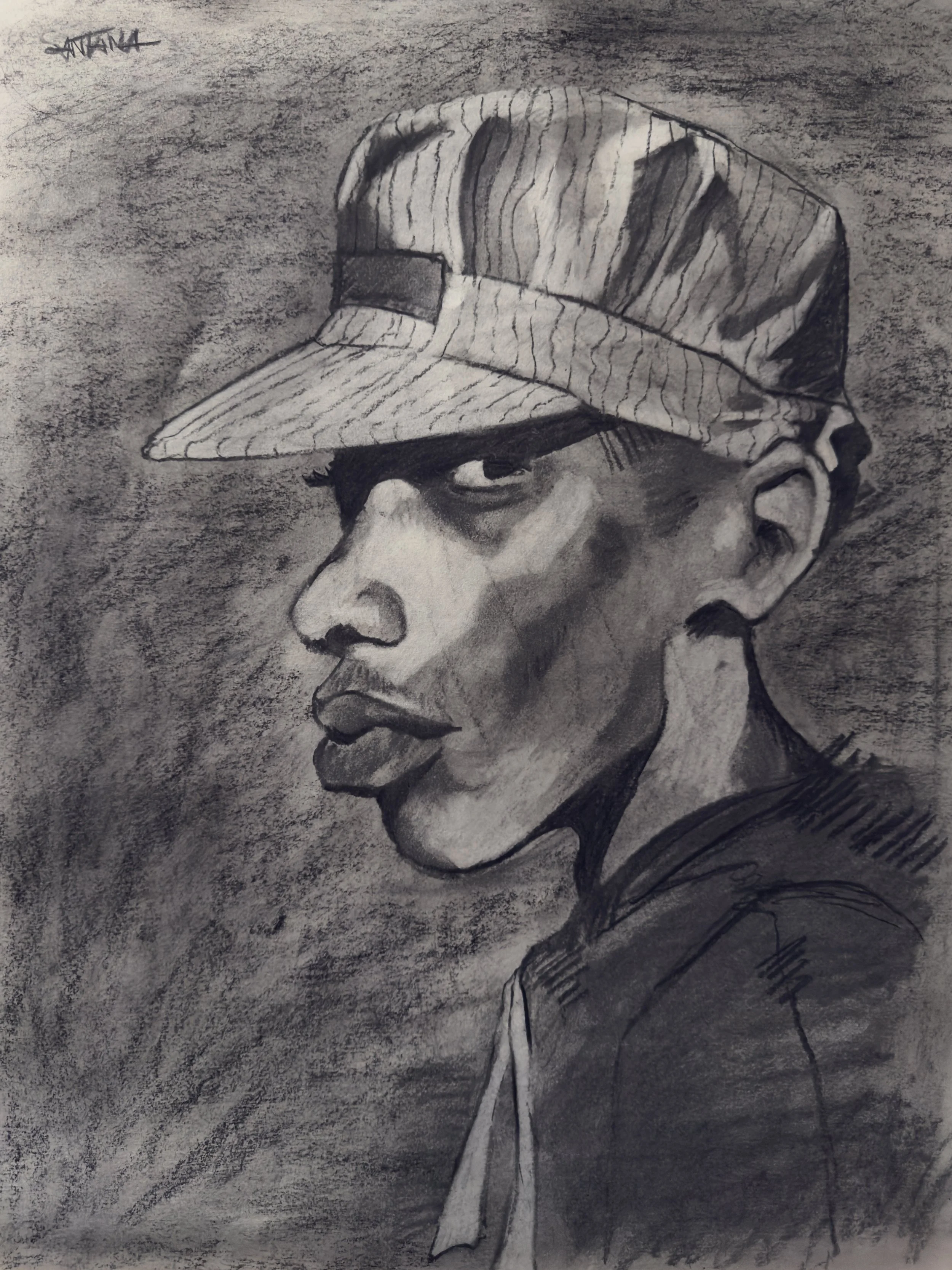 A black and white sketch of a person wearing a baseball cap with vertical stripes, looking to the side.