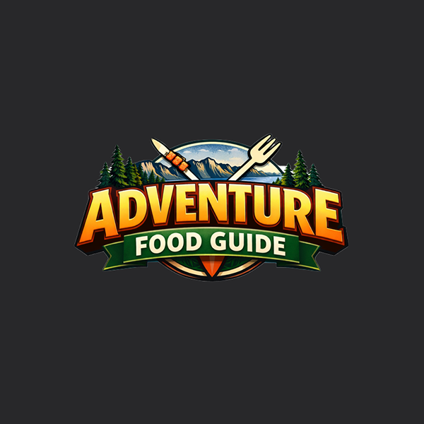 Adventure Food Guide logo with mountains, trees, a knife, and a fork.