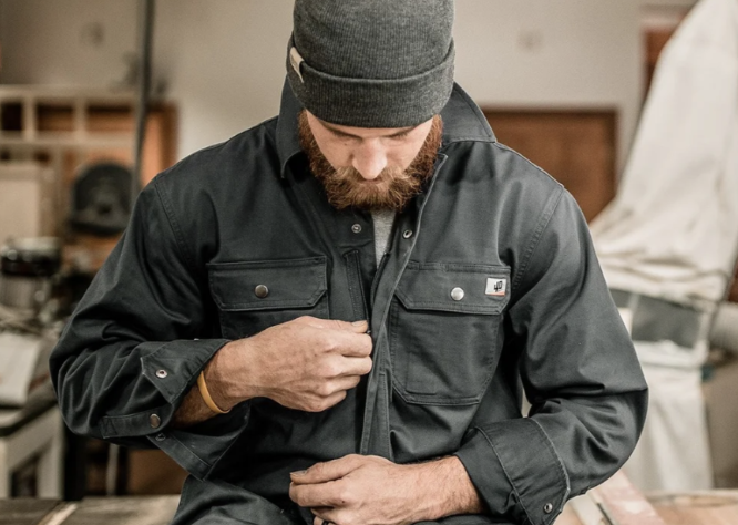 A man with a beard and gray beanie adjusting his black jacket indoors, with various tools and equipment in the background.