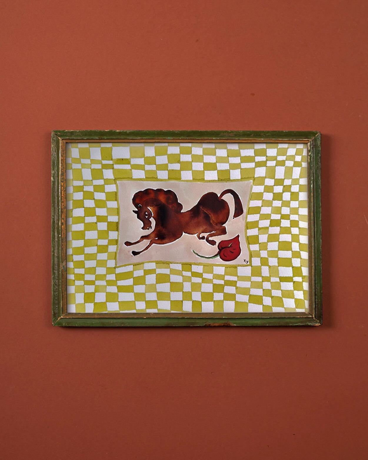 &lsquo;Arthur and The Anthurium&rsquo; psychedelic wavy checkered horse art print featured in a vintage old wooden green frame and terracotta painted walls.

What are your views on buying art already framed or solely the painting or artprint itself?
