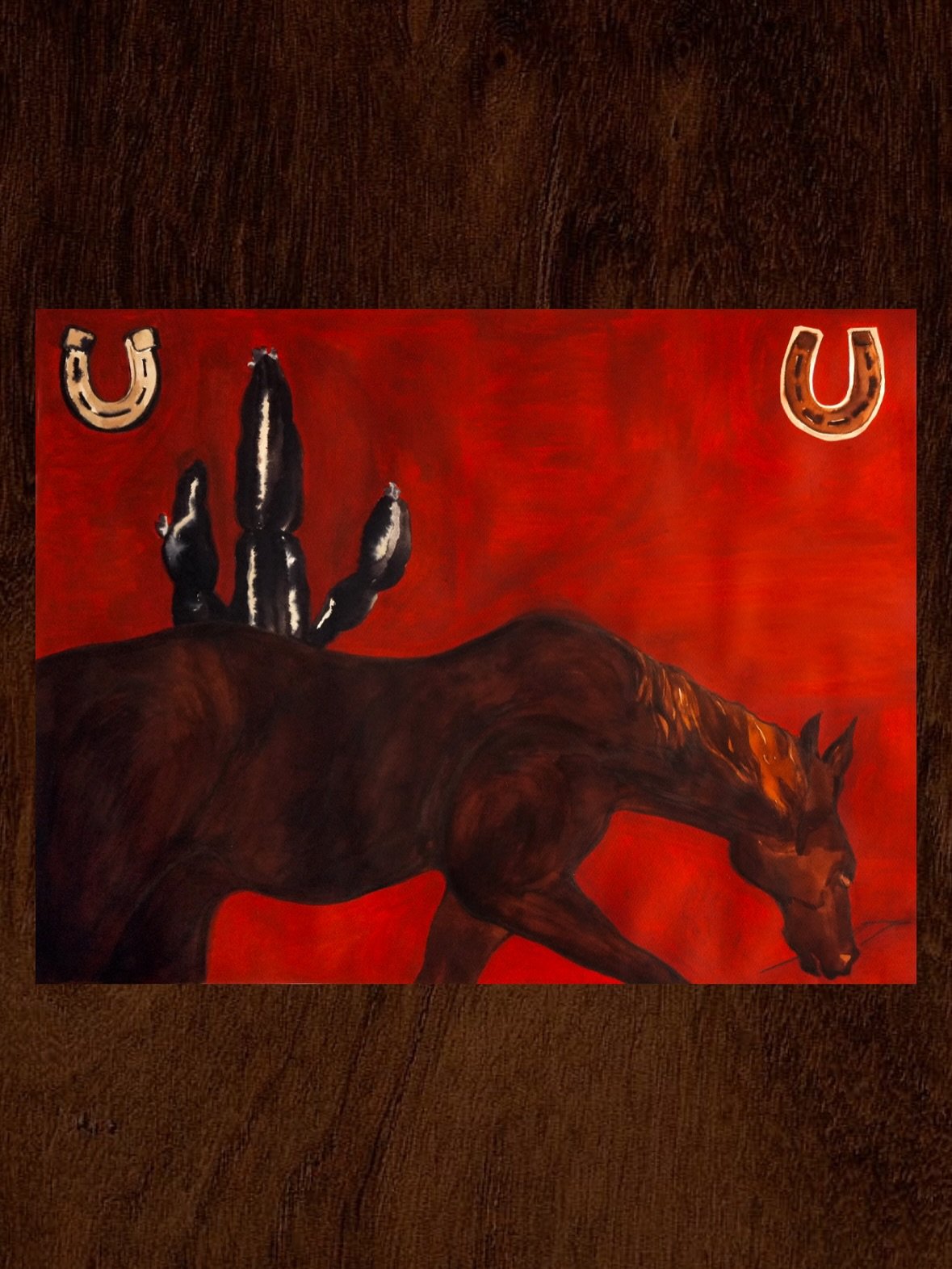 A Horse Amidst The Red Dust, 84 x 62

A painting based off a distant memory, one of my first encounters with a horse. Amidst a deep red background, black cactus and two horseshoes in each corner.

#horseart #horsepainting #horsepaintings #westernart