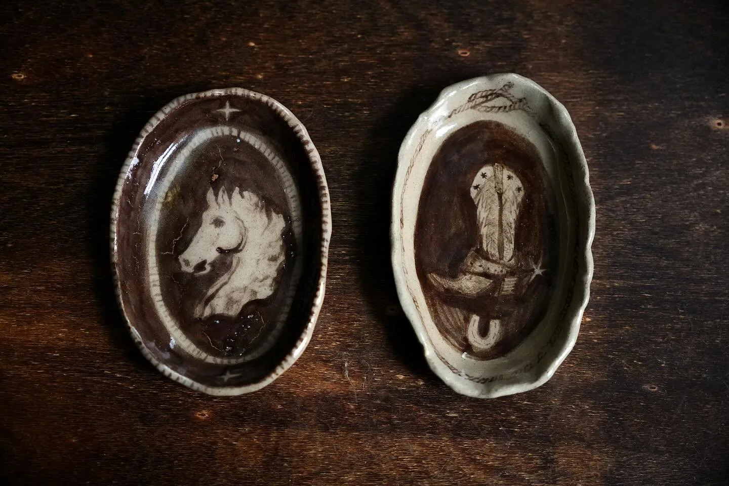 Hand-painted Ceramics of Horse Head &amp; Cowboy Boot Dishes, adorned with a horse shoe and roped border &mdash; These were one of my first artisanal designs onto ceramic, bringing rustic, western charm with a touch of magic to them.

These pieces ha