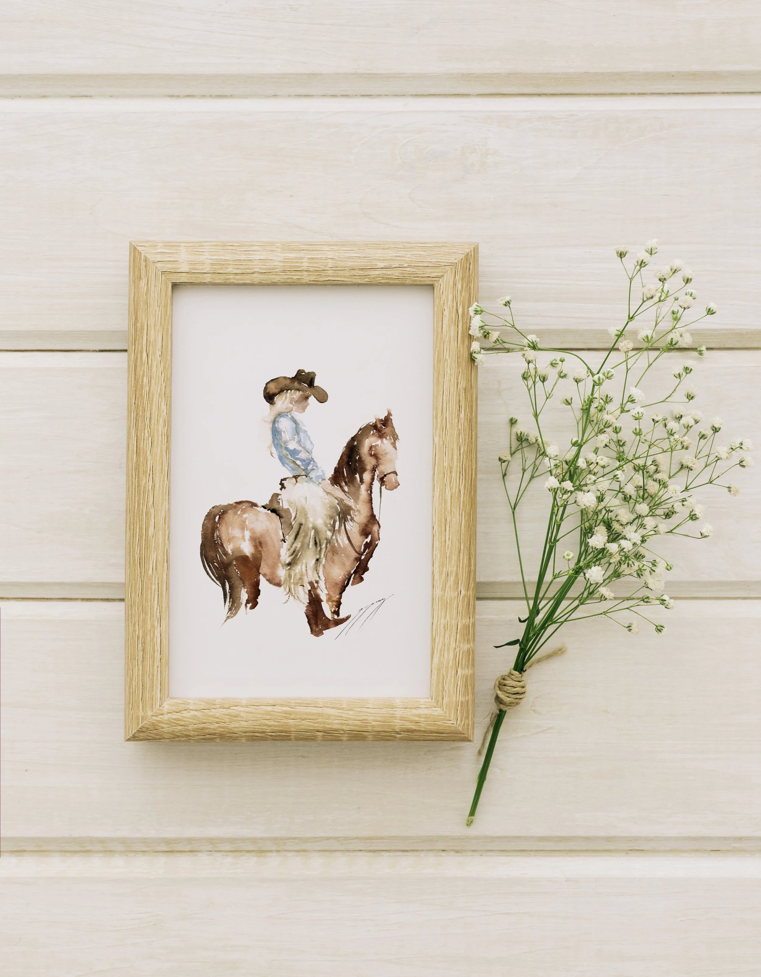 Framed Baby Blue Cowgirl Horse Painting by Robyn Yeang watercolor watercolour cowgirls in chaps