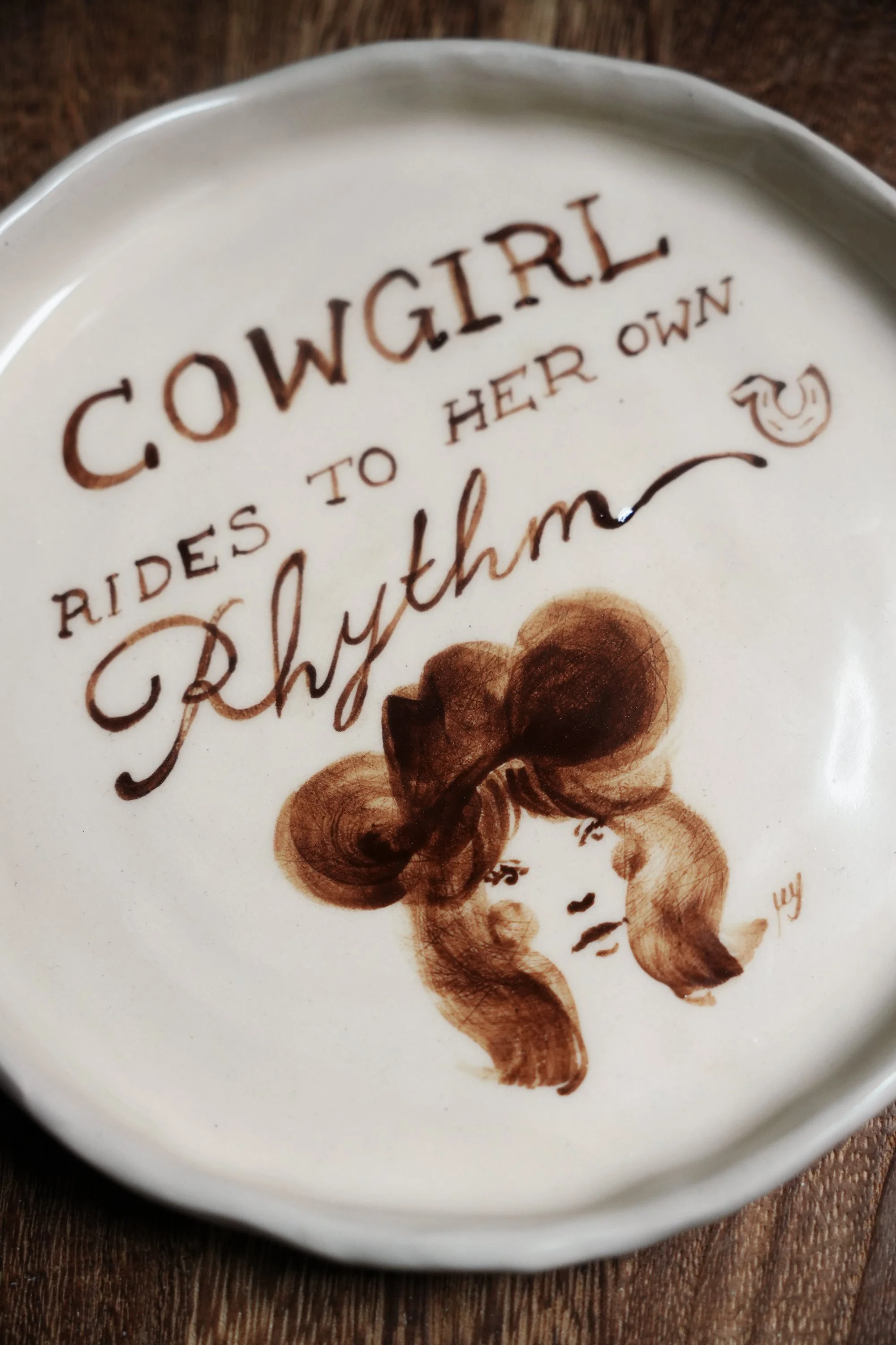 Handpainted Cowgirl Ceramic Plate curious common.jpg