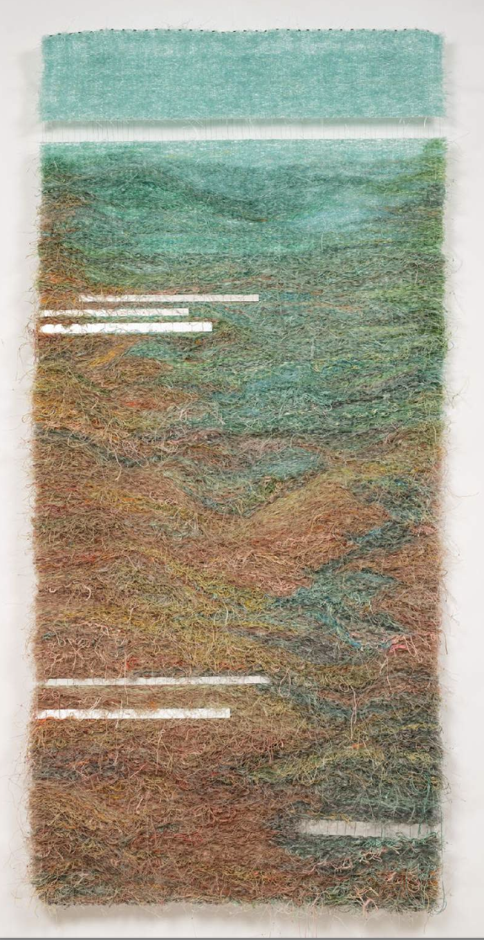 Mary Babcock, 11° 4’ 50’’ N (2021), Salvaged fishing nets and lines gathered across the Pacific, aluminum, Lucite, deep sea leader line.
92” x 44” x 3”