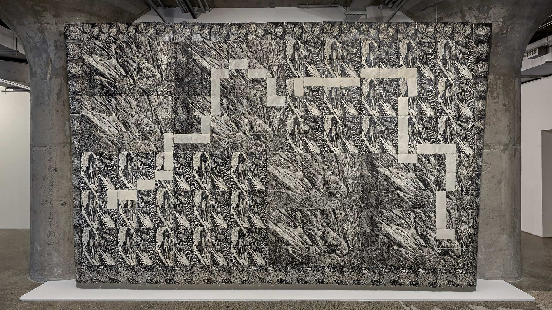 Alexa Hatanaka & Ashoona Ashoona, Uummatima tillirninga, I can feel my heart beat (2021), Hand-carved and hand-printed relief prints on handmade paper, 132” x 192”