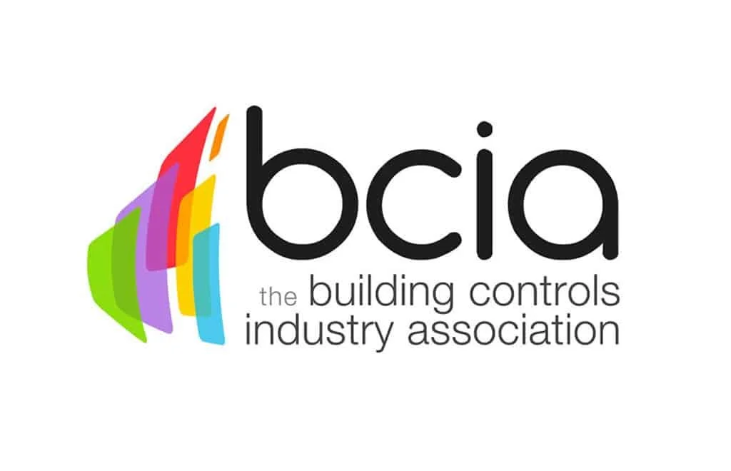 Logo of the Building Controls Industry Association (bcia) featuring colorful abstract shapes and the text 'bcia' with the tagline 'the building controls industry association'.