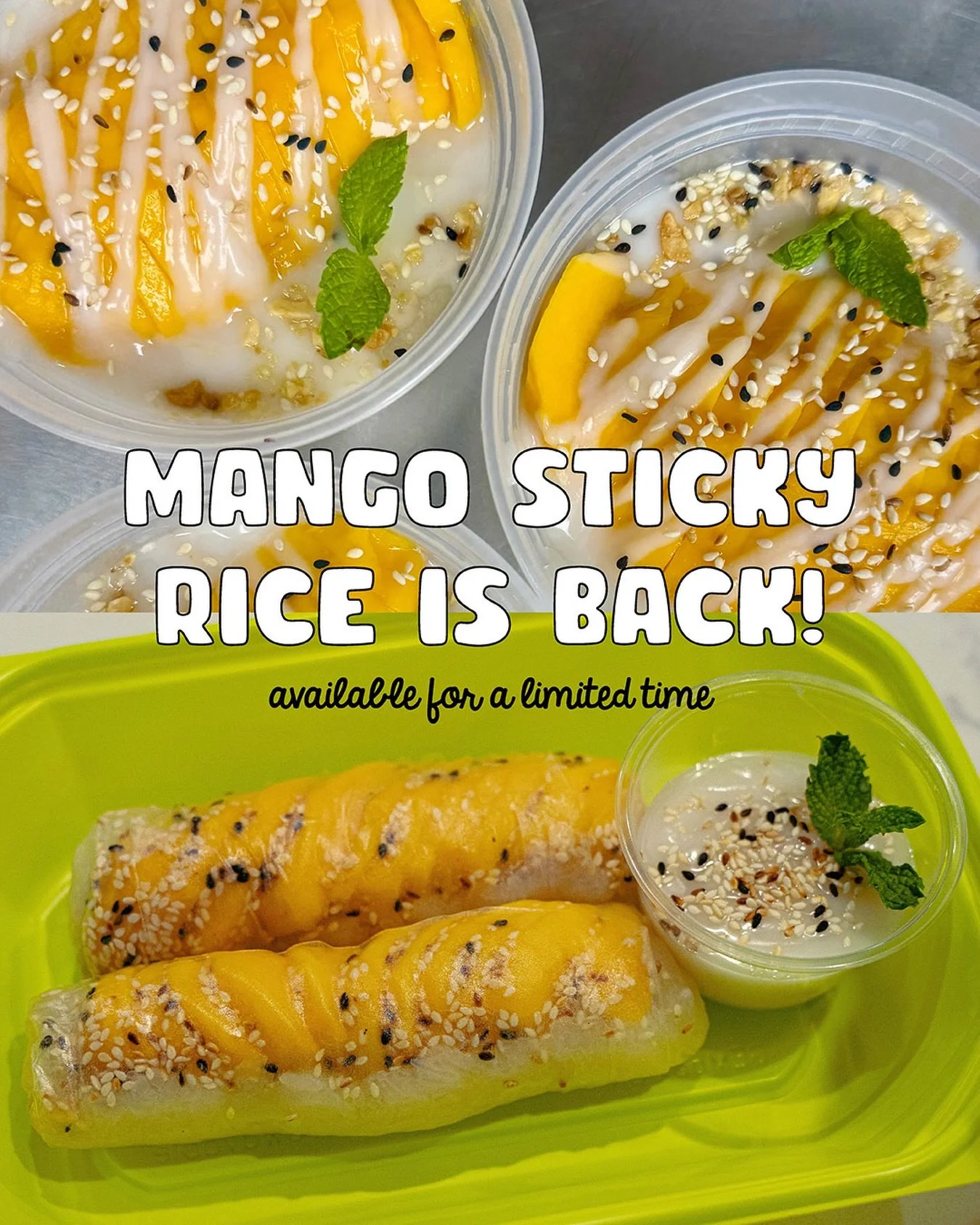 Your seasonal favorite is back! Enjoy our coconut-infused sticky rice served with fresh mango slices, sesame seeds, crushed peanuts, and creamy coconut sauce in bowl or roll form 🥭🍚

#buddhabowlsandrolls #ilikethewayyouroll #mangostickyrice #mangos