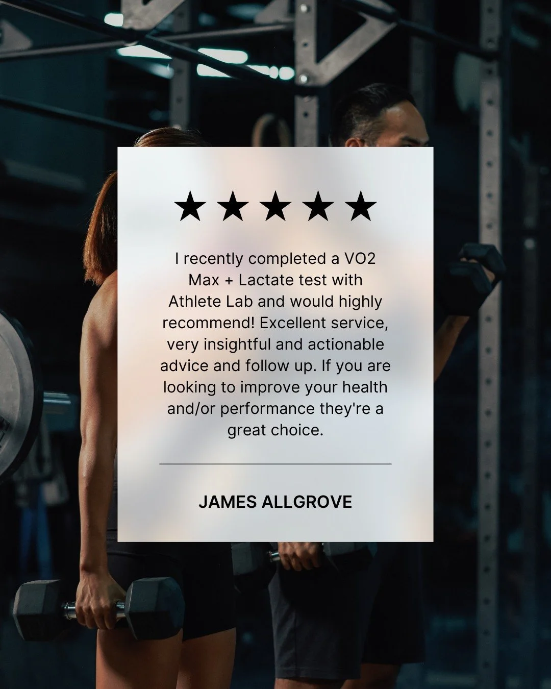 Big thanks to James Allgrove for this fantastic review!

&ldquo;I recently completed a VO₂ Max + Lactate test with Athlete Lab and would highly recommend! Excellent service, very insightful and actionable advice and follow up. If you are looking to i