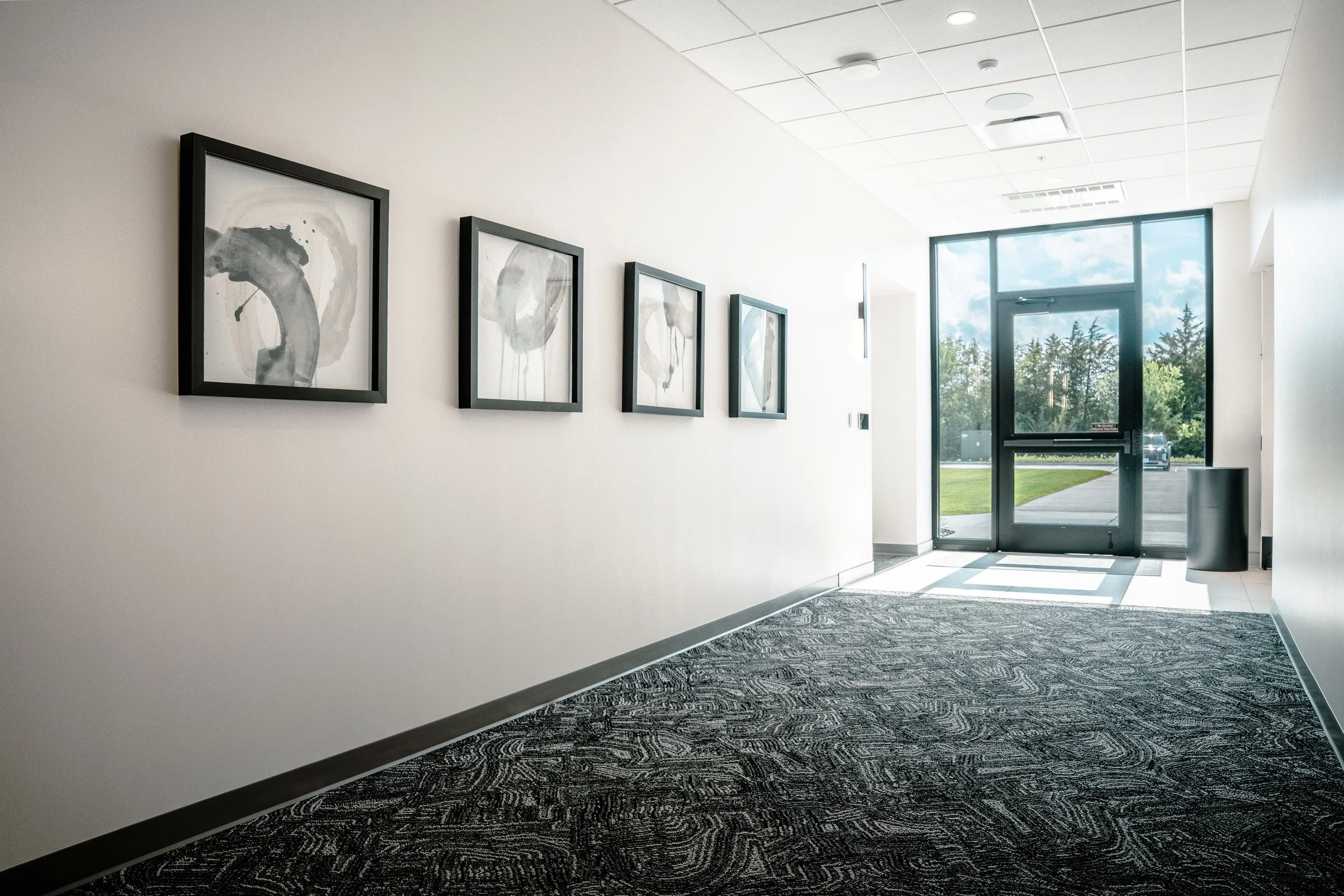 Interior view of a modern building entrance with framed abstract black and white artwork on the wall, large glass door, and carpeted floor.