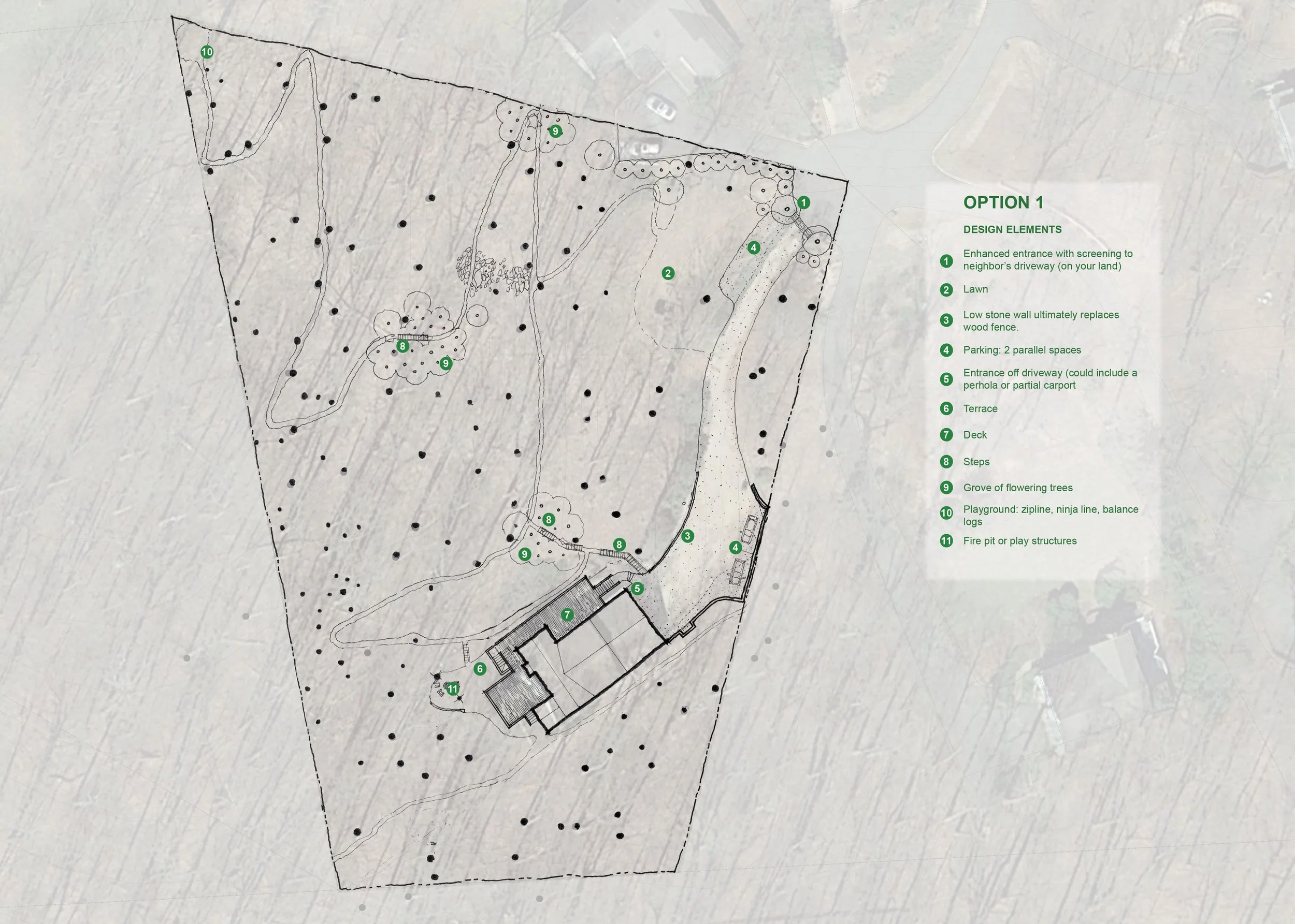 Master Plan for property with existing house and driveway on very hilly, wooded terrain.