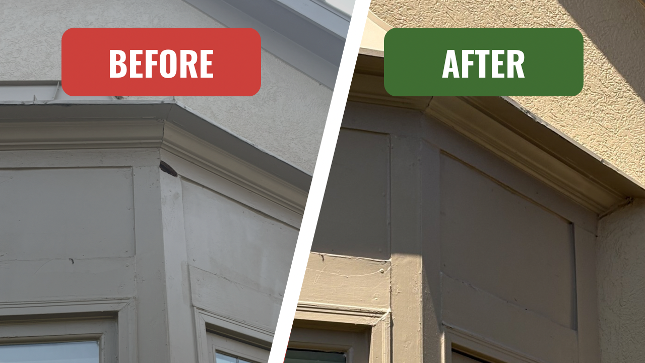 and after images of woodpecker damage on wooden trim. the final repair is totally invisible.