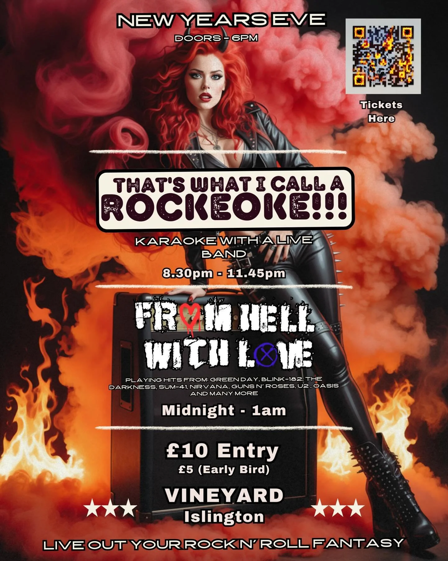 NEW YEAR&rsquo;S EVE &mdash; ROCKEOKE + LIVE BAND @vineyard_islington 

We&rsquo;re doing NYE properly this year.

Doors: 6PM
Rockeoke: 8:30PM &ndash; 11:45PM
LIVE BAND (Midnight &ndash; 1AM): @fromhellwithloveofficial  playing the hits &mdash; Blink