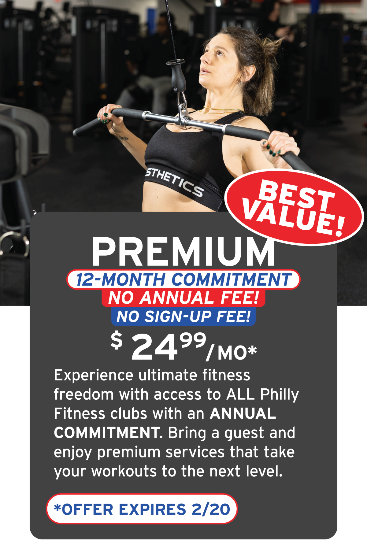 A woman in workout clothes exercising on a machine in a gym with a promotional advertisement overlay for a fitness club membership offer.