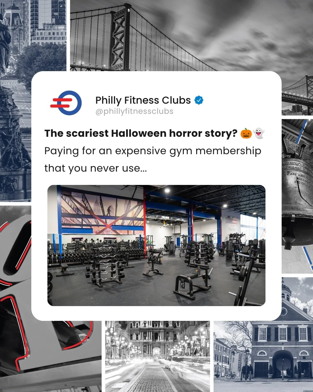 Time to skip the SCARY price tag and find a gym that fits your routine AND your budget. 👻😉

At Philly Fitness, you'll find an AFFORDABLE membership, STATE-OF-THE-ART equipment, a SUPPORTIVE community, and 4 CONVENIENT LOCATIONS throughout Philly. ?