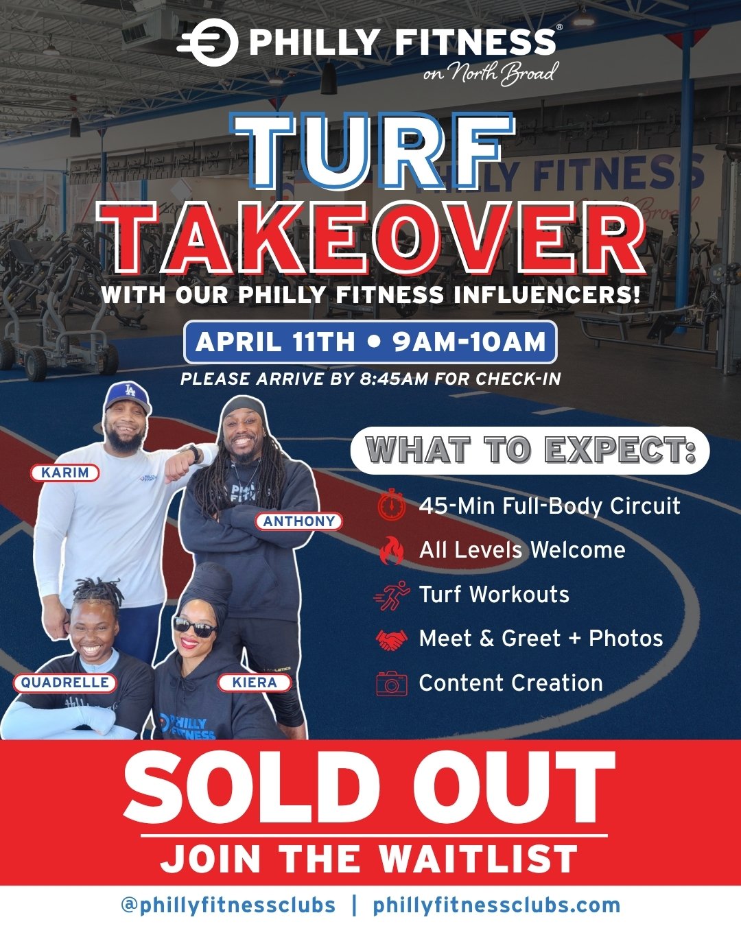 Poster for Philly Fitness Turf Takeover event with images of four people, event details, and icons.