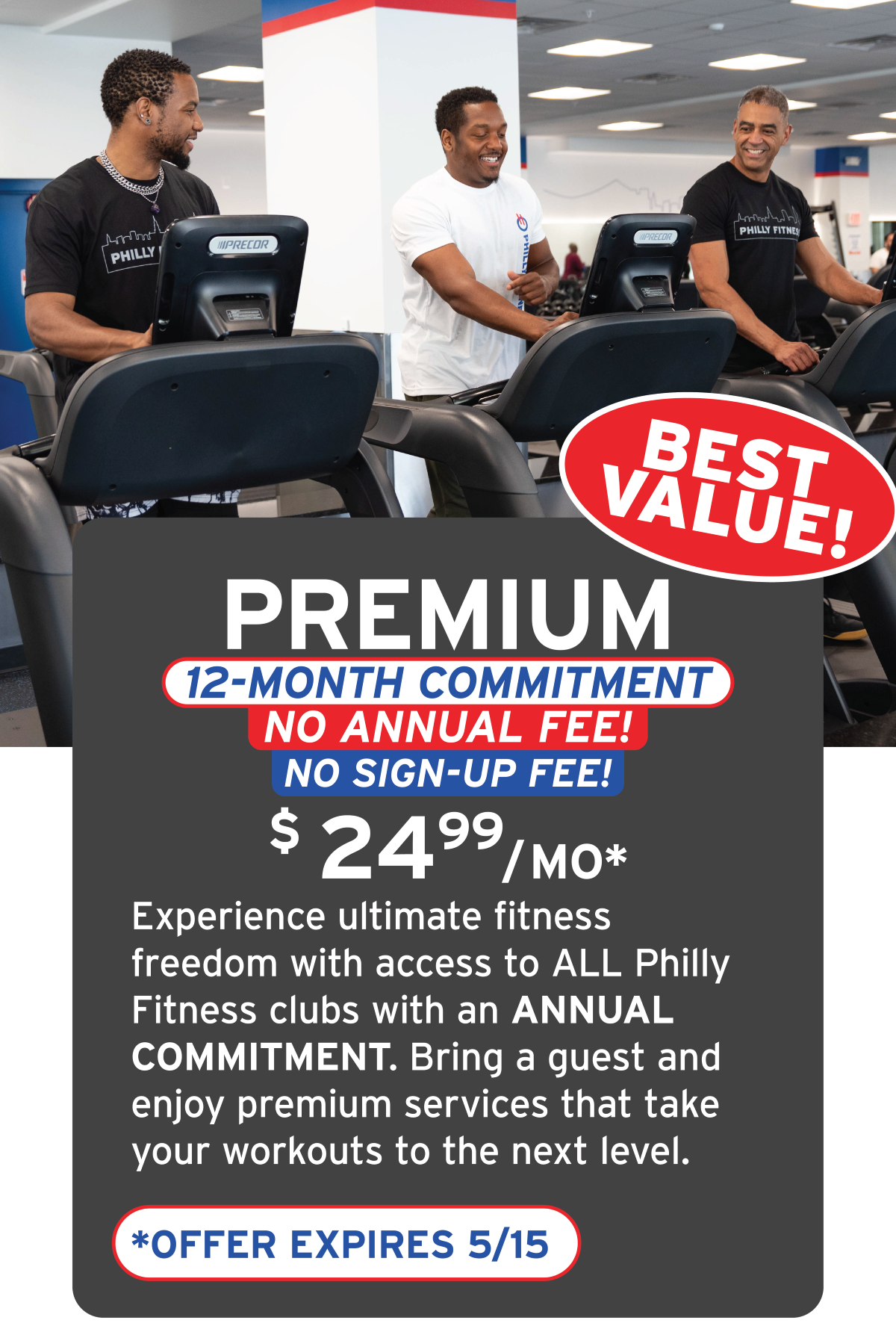 Advertisement for Philly Fitness gym promoting a premium 12-month membership plan for $24.99 per month, no annual fee, no sign-up fee, with an offer expiring on May 15. The background shows three men on treadmills at a fitness center, smiling and enjoying their workout.