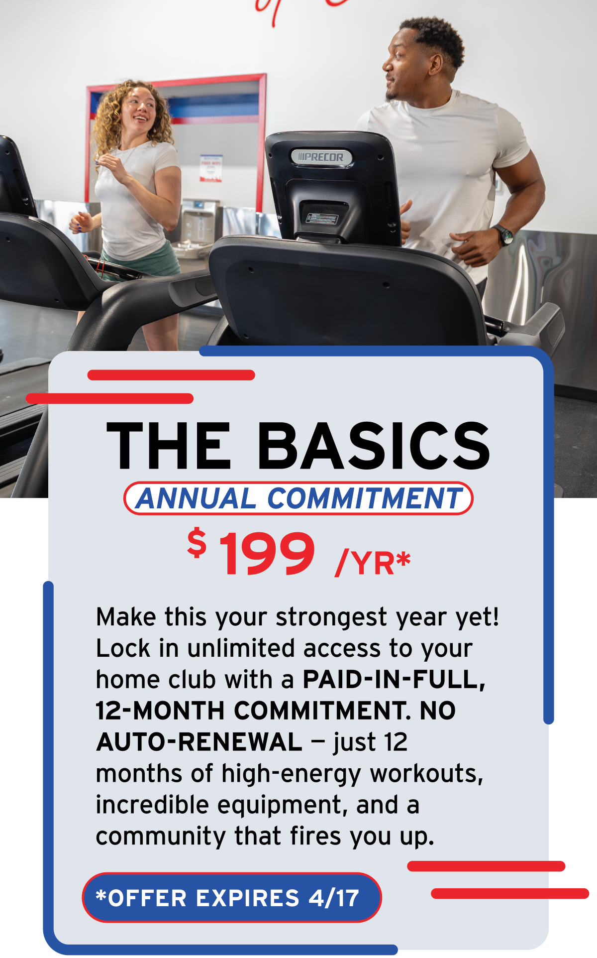 A man and a woman exercising on treadmills in a gym, with a promotional sign advertising gym membership.