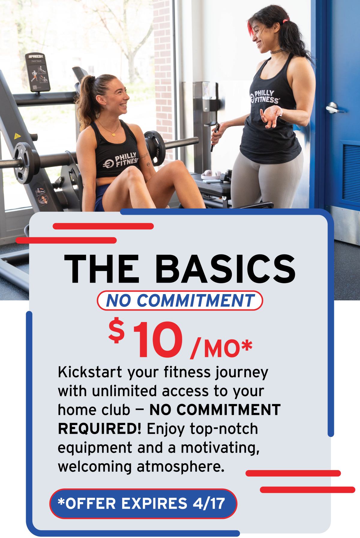 A woman sitting on gym equipment, smiling at a trainer who is standing next to her and holding a clipboard, inside a fitness center with large windows.