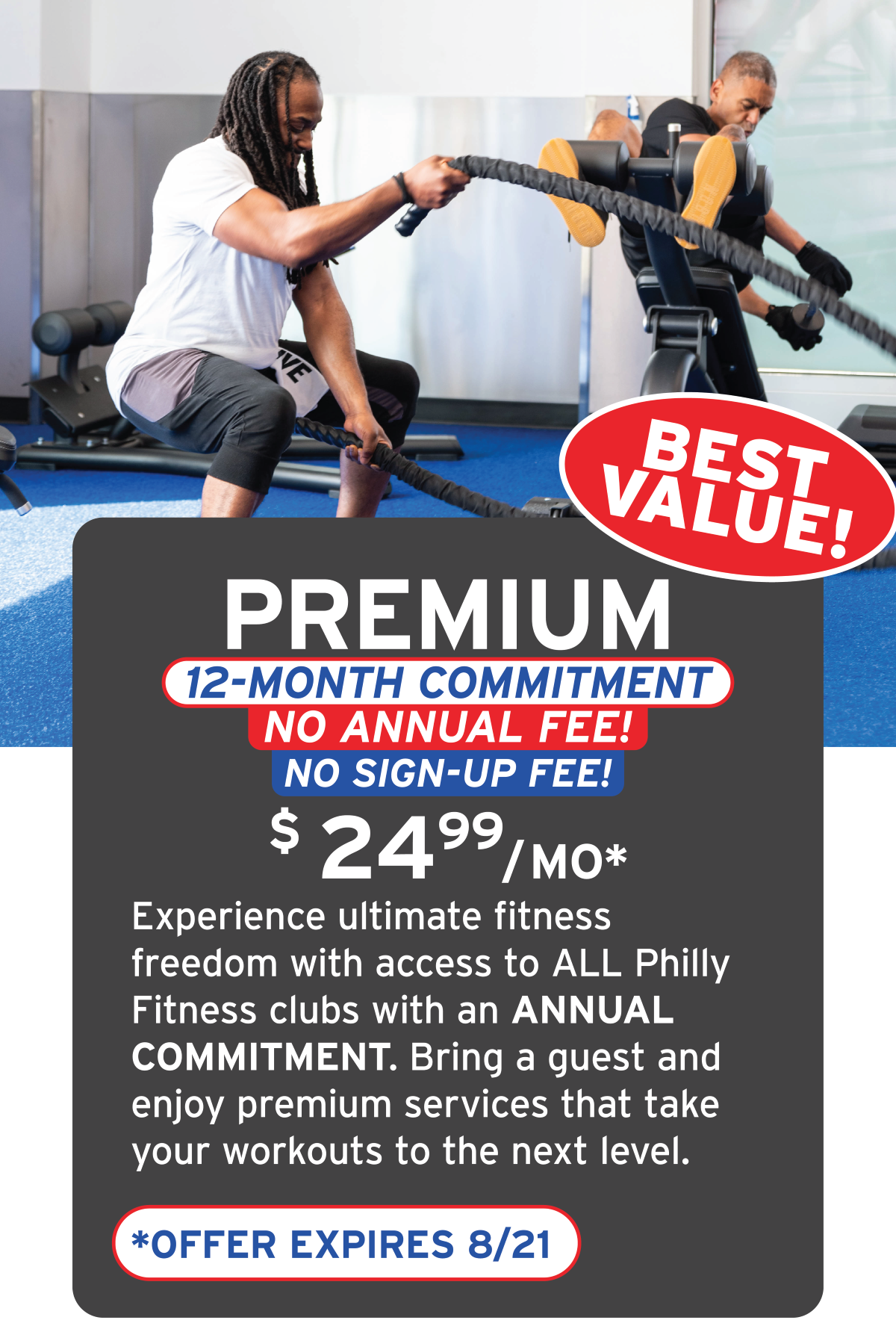 A man and woman workout with battle ropes in a gym. There is promotional text for a gym membership deal with a red "Best Value!" badge, offering a 12-month commitment at $24.99 per month, no annual or sign-up fees, valid until August 21.