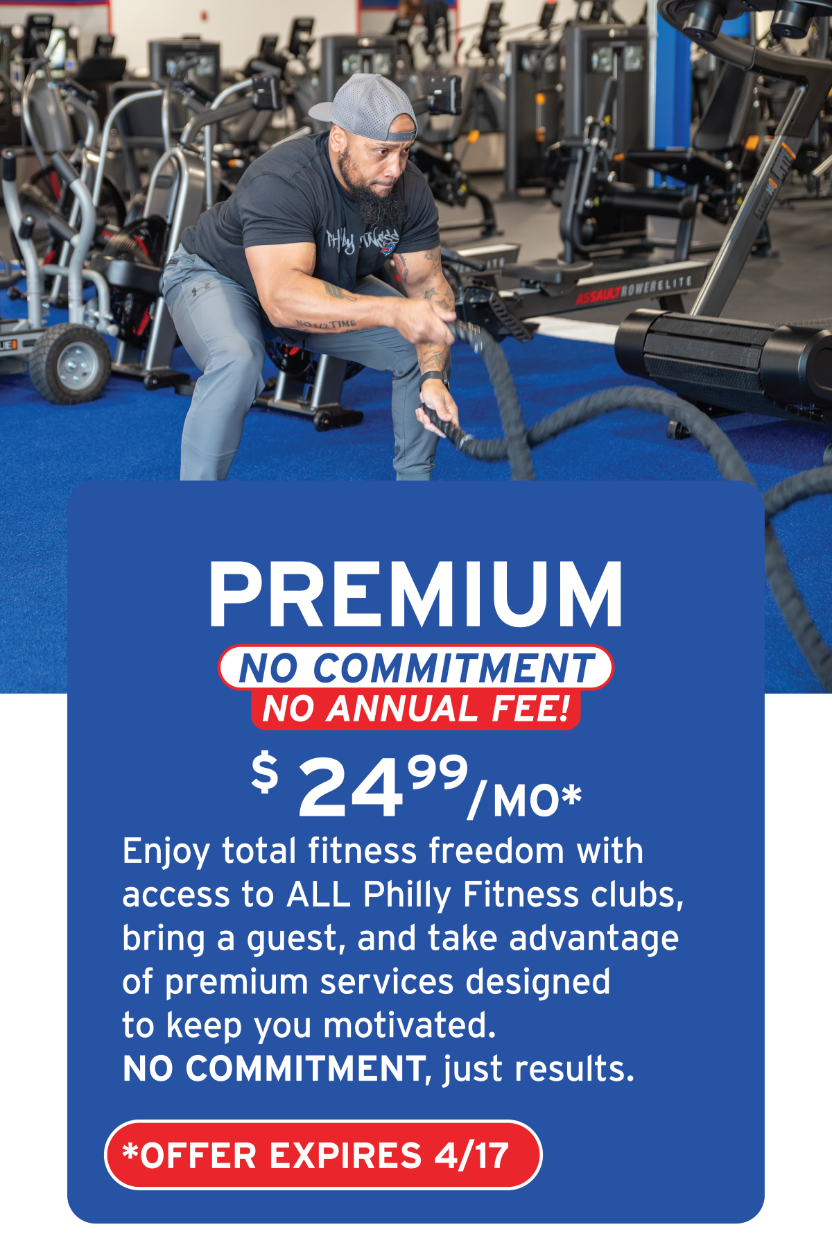 A man in a gym using battle ropes, surrounded by exercise equipment, promoting a fitness membership offer for Philly Fitness at $24.99 per month with no commitment or annual fee, expiring April 17.