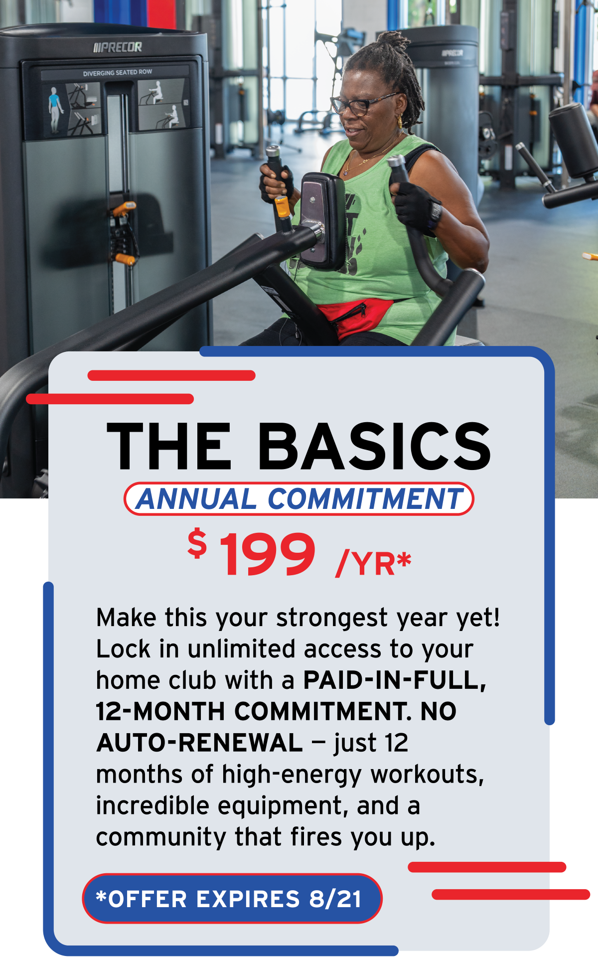 A woman working out on a rowing machine at a gym, wearing a green tank top, black gloves, and glasses. The gym has exercise equipment visible in the background, and there's a promotional sign overlay at the bottom advertising a membership offer for $199 per year, expiring on August 21.