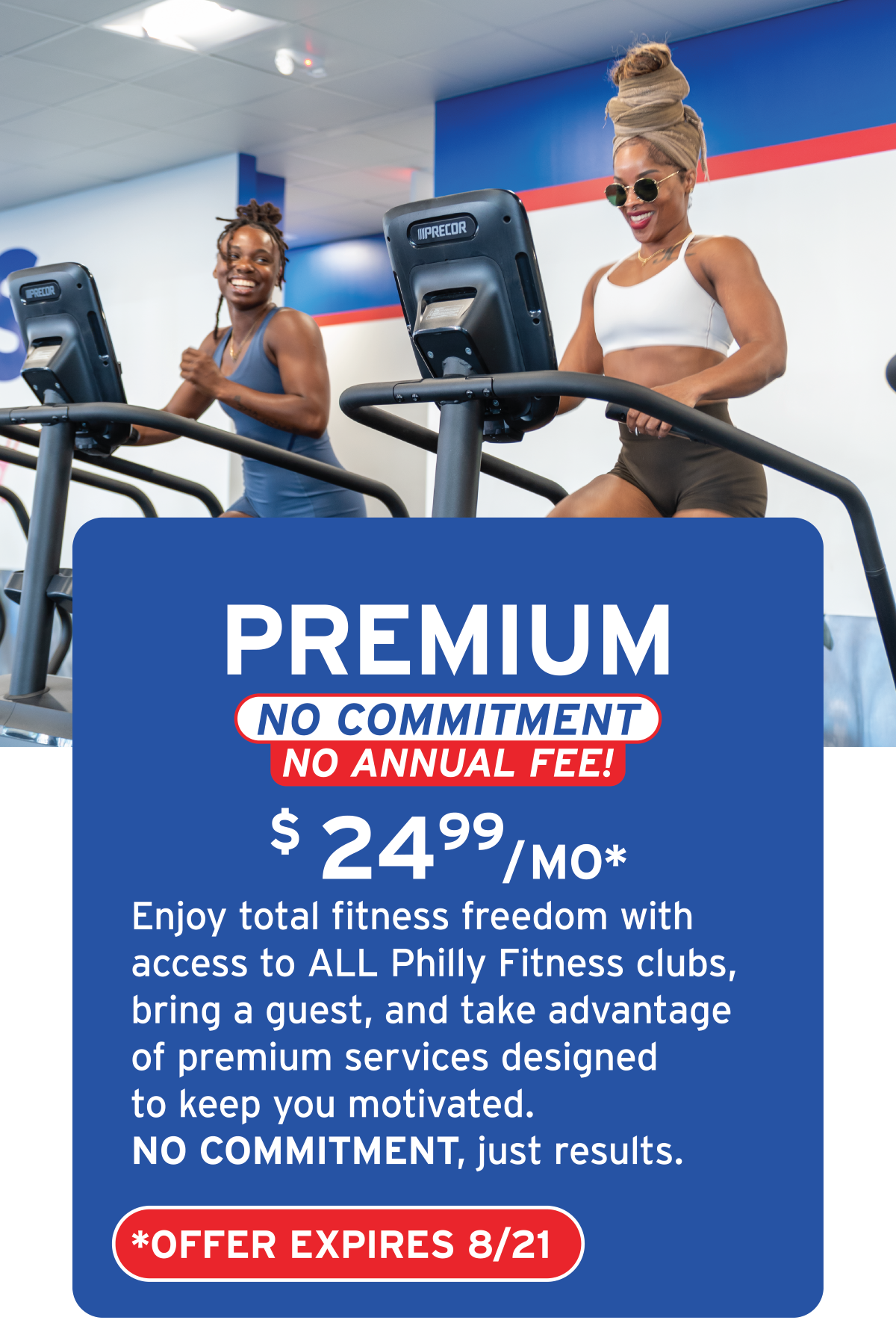 Two women exercising on treadmills in a gym with a promotional sign for a fitness membership offer.