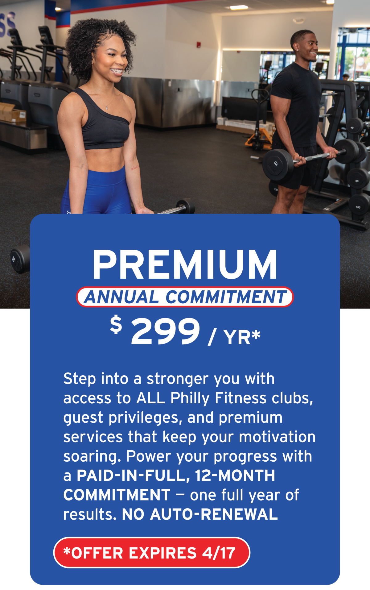 Two people working out on dumbbells at a gym while smiling, with a promotional flyer for a fitness club membership in the foreground.