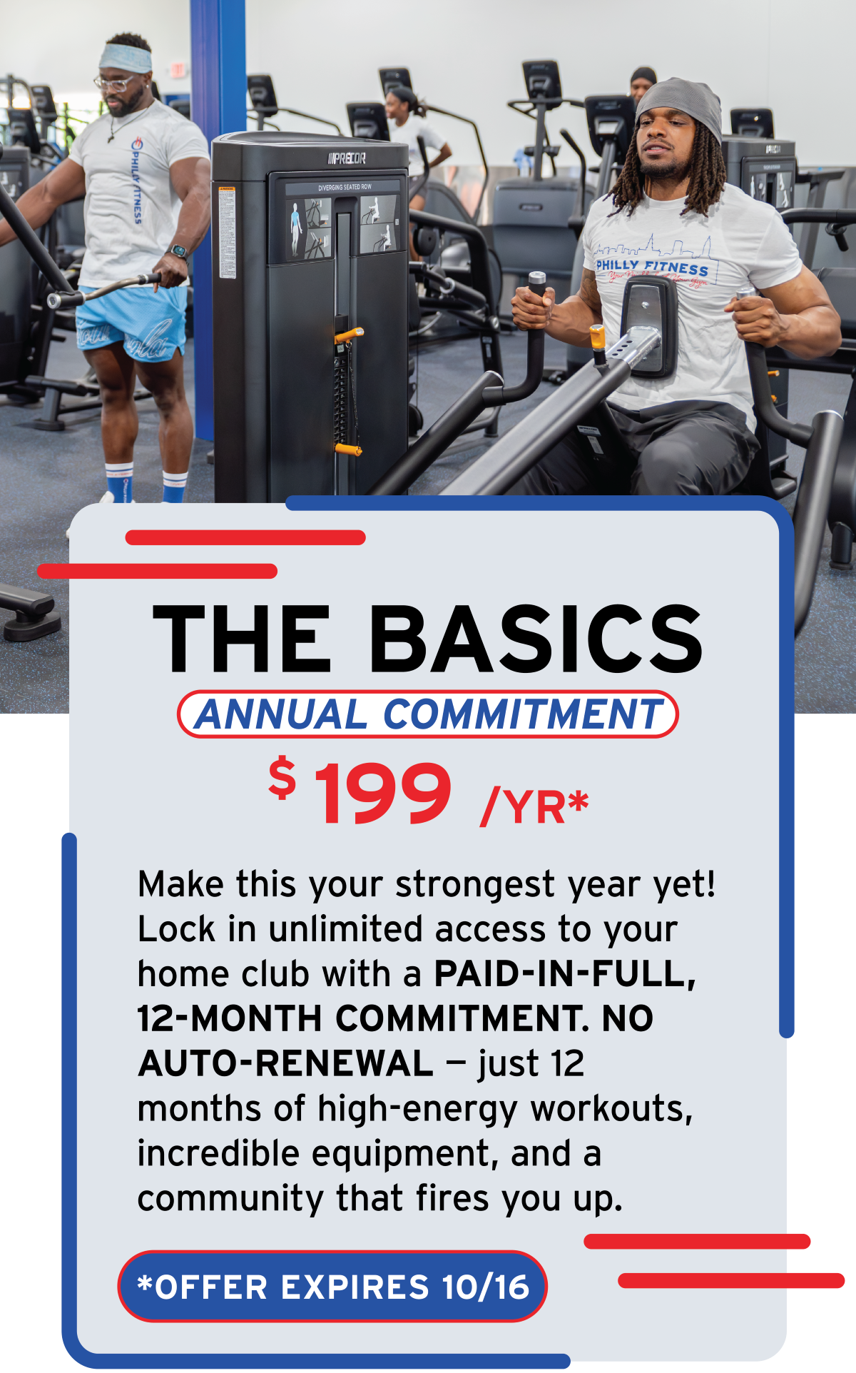 A gym scene with several people working out, including a man on a seated rowing machine and another man on a weight machine. The gym has multiple cardio machines in the background and promotional signage about a fitness membership offer.