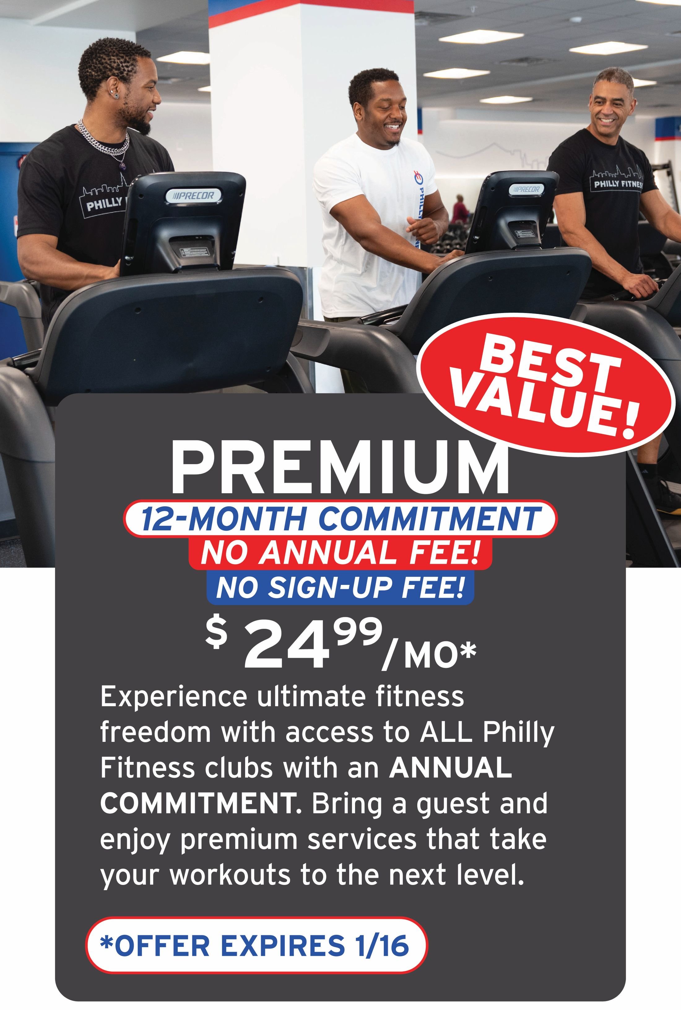 Three men using treadmill machines in a gym, smiling and engaging with each other.
