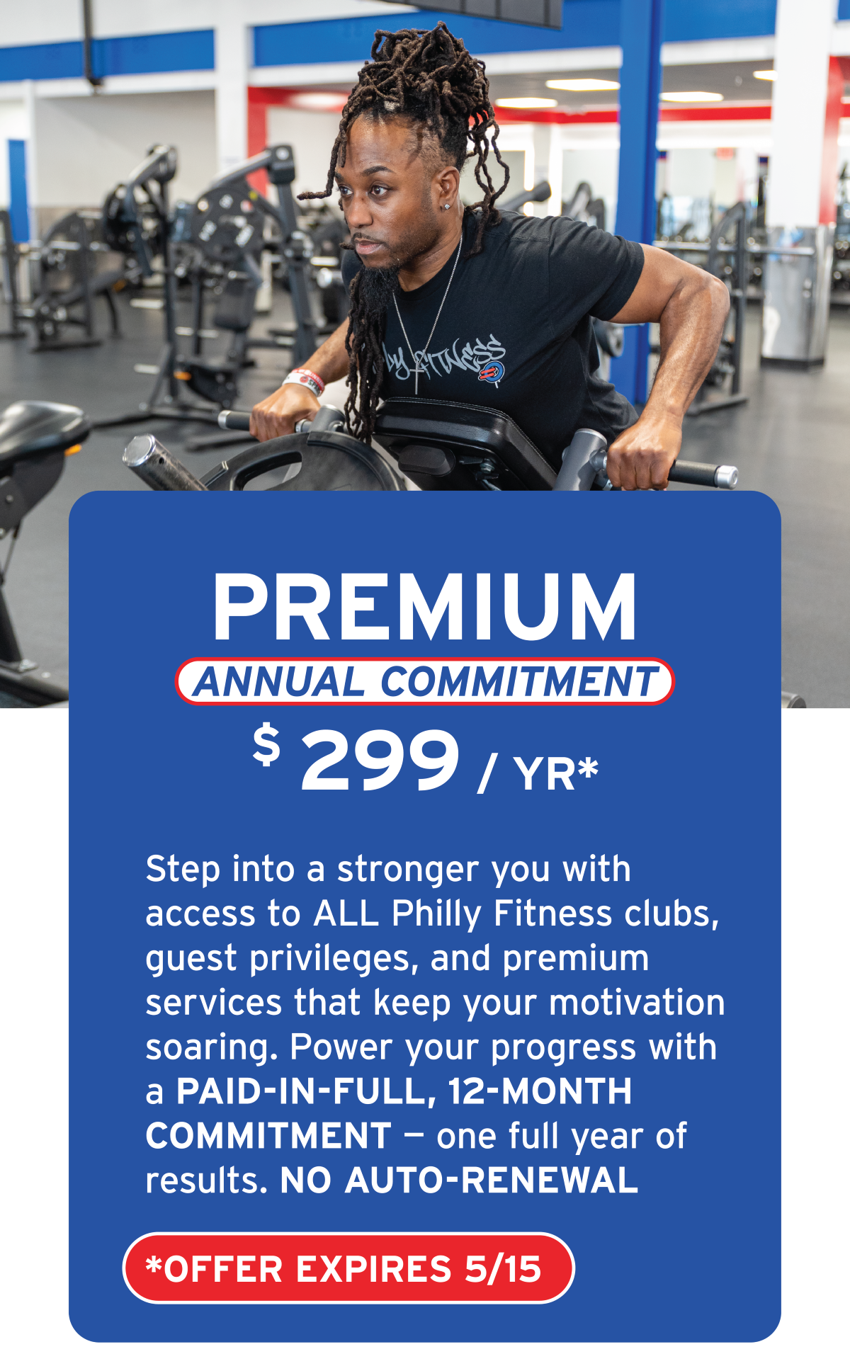 A woman with styled dreadlocks working out on an elliptical machine in a gym, with a promotional sign in front of her advertising a premium fitness club membership for $299 per year.