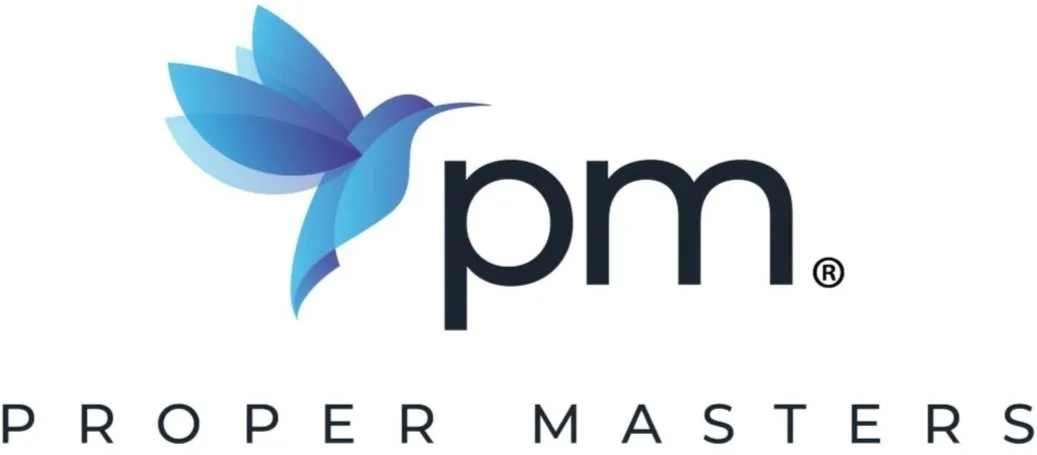 Logo for Proper Masters with a stylized blue hummingbird and the initials 'pm' in black.