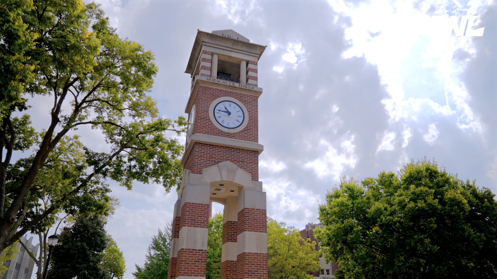 Brick clock tower on the UW-La Crosse campus, from a DMM Productions admissions video