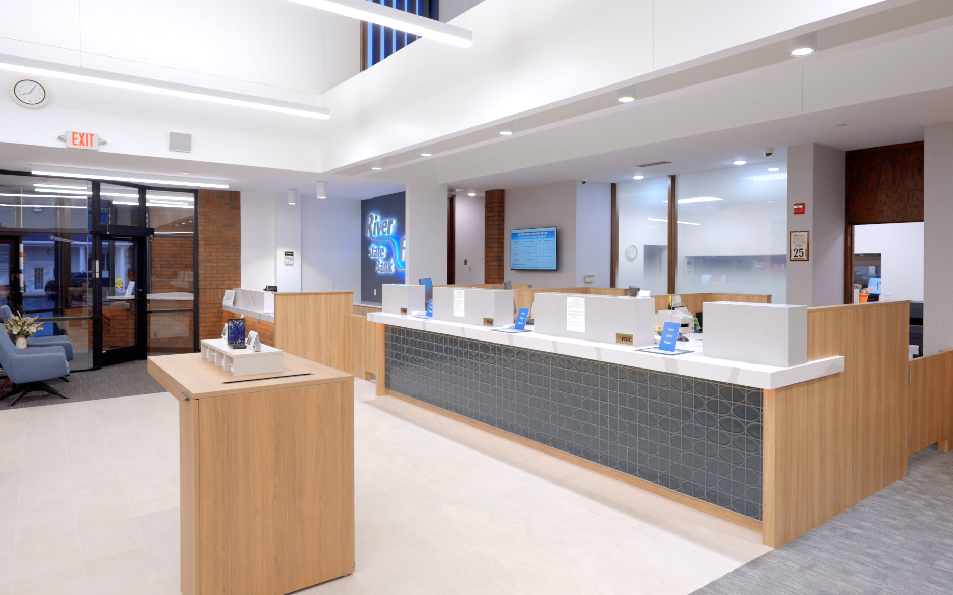 Lobby and teller counter inside River Falls State Bank, from the bank's promotional video