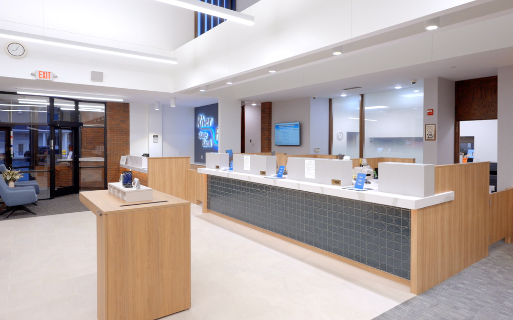 Lobby and teller counter inside River Falls State Bank, from a DMM Productions bank commercial